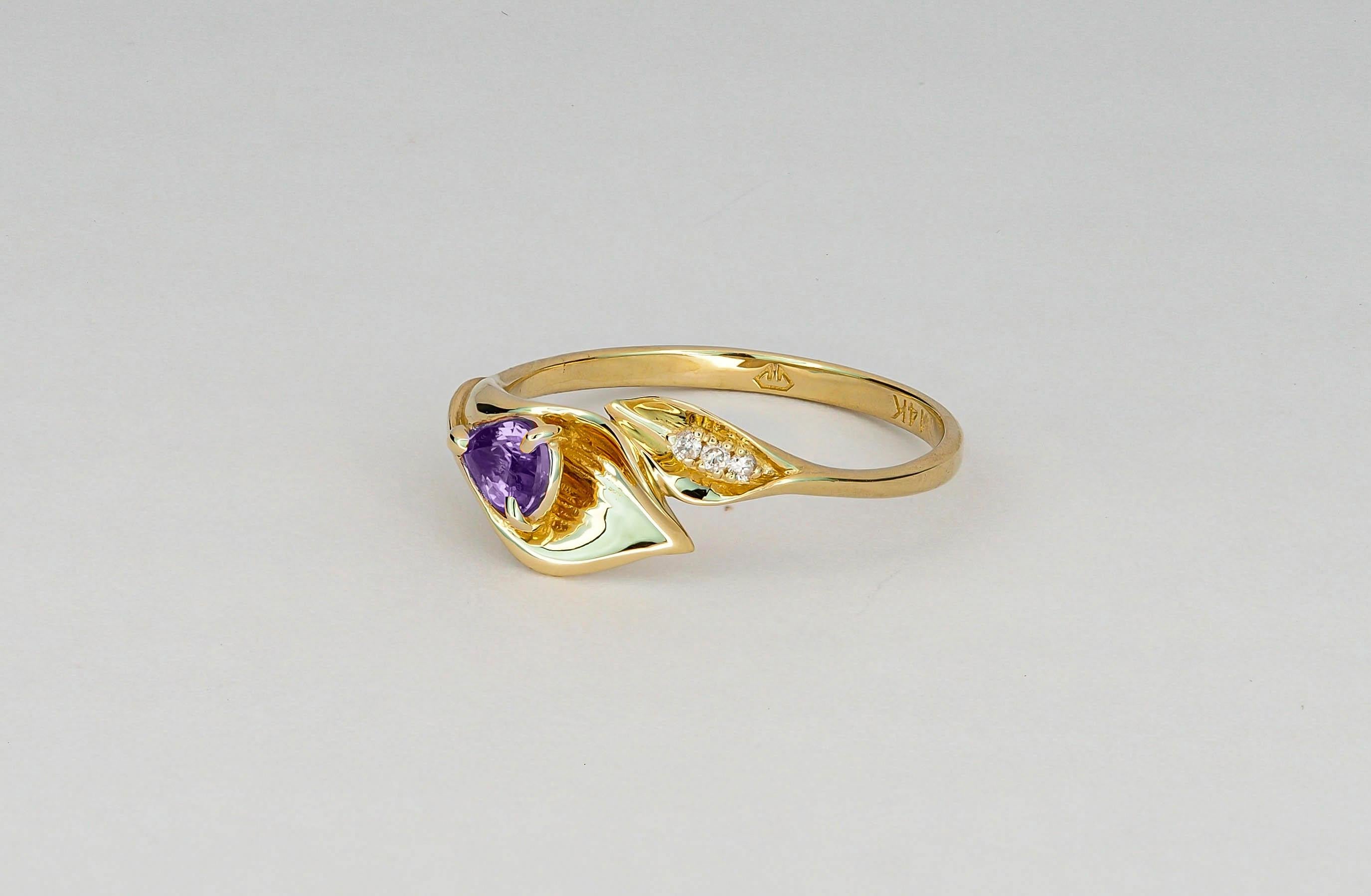 Pear Cut Lily Calla Gold Ring, 14 Karat Gold Ring with Amethyst and Diamonds