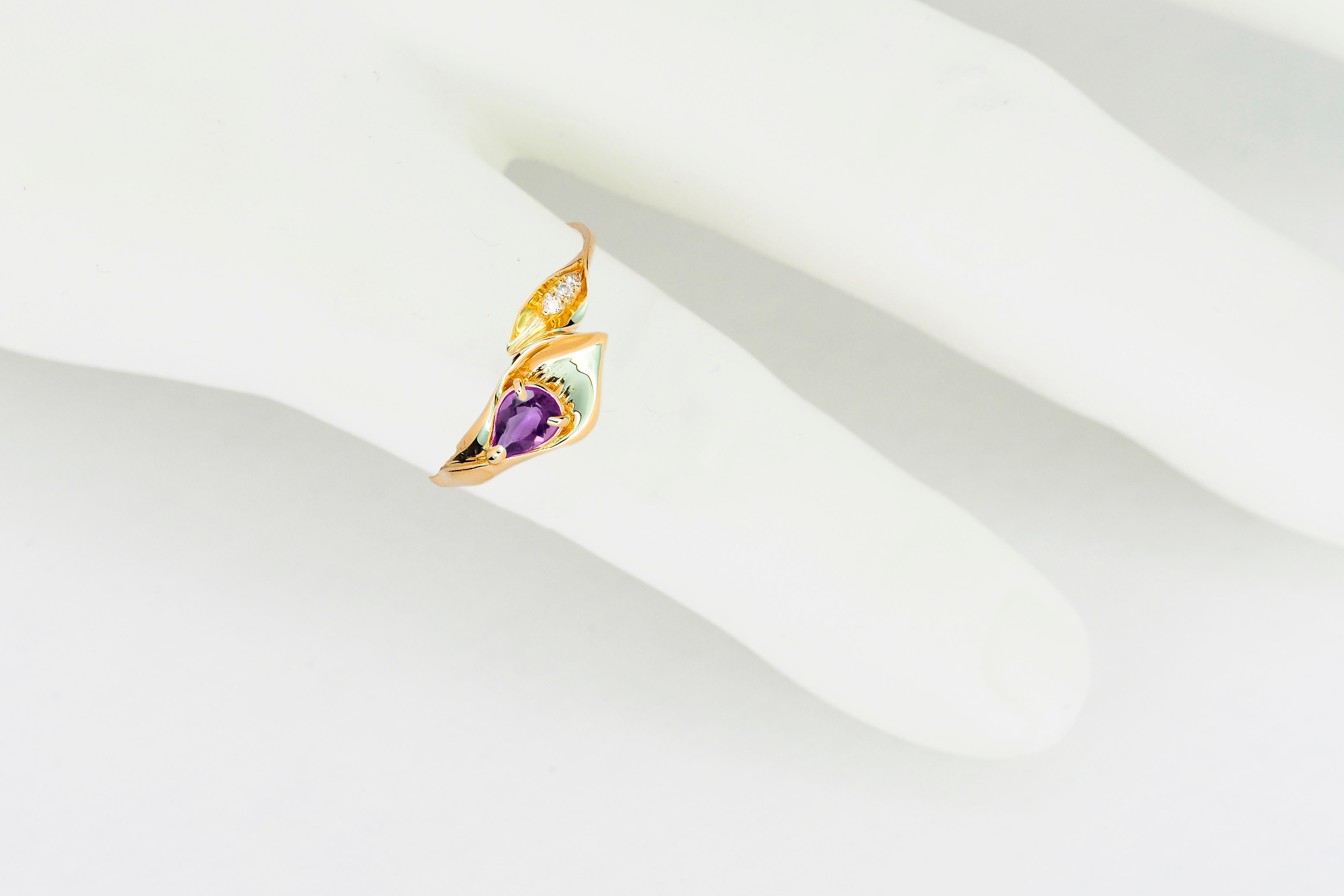 Women's Lily Calla Gold Ring, 14 Karat Gold Ring with Amethyst and Diamonds