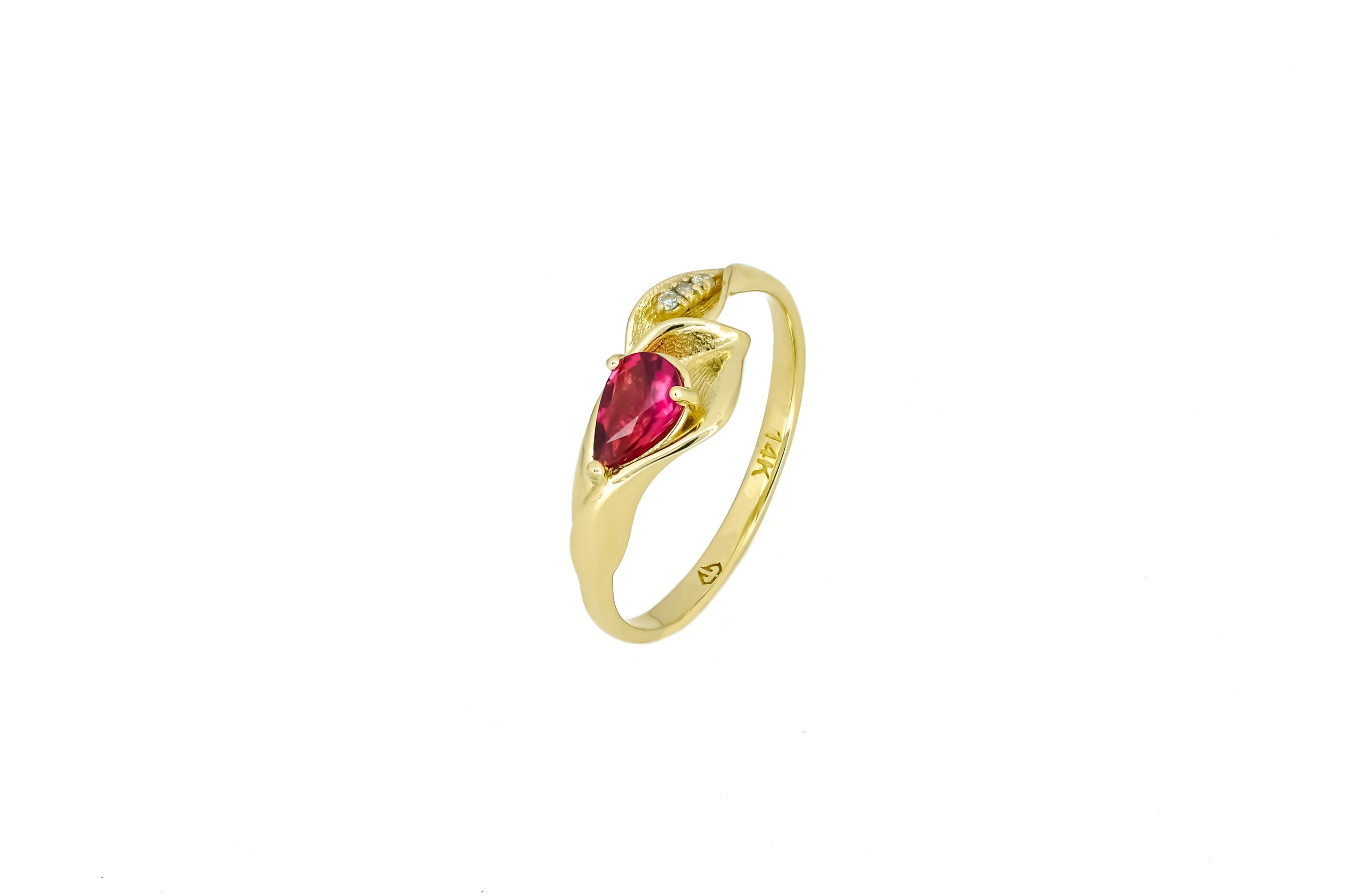 Lily Calla Gold Ring, 14 Karat Gold Ring with Garnet and Diamonds 5