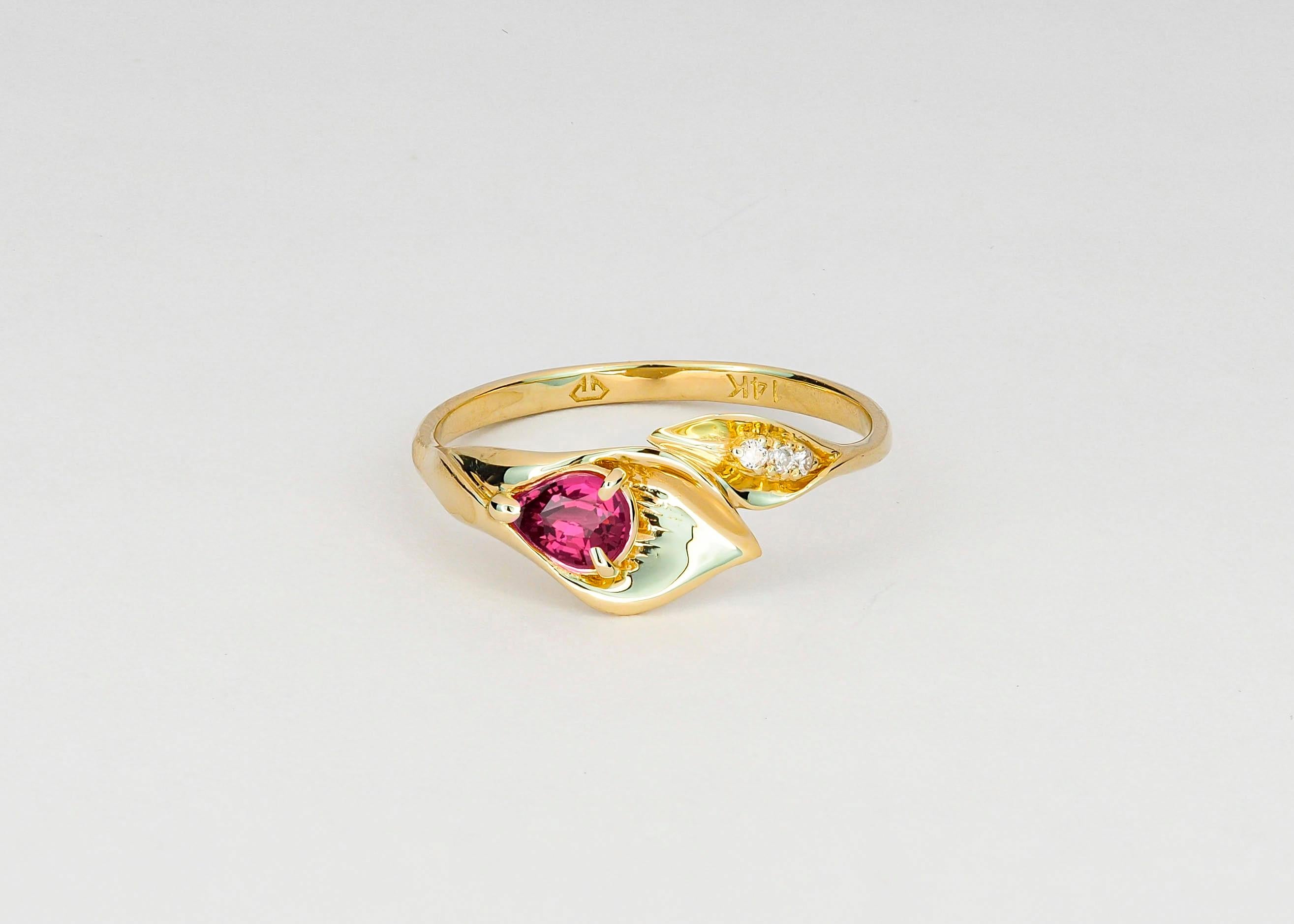 Modern Lily Calla Gold Ring, 14 Karat Gold Ring with Garnet and Diamonds