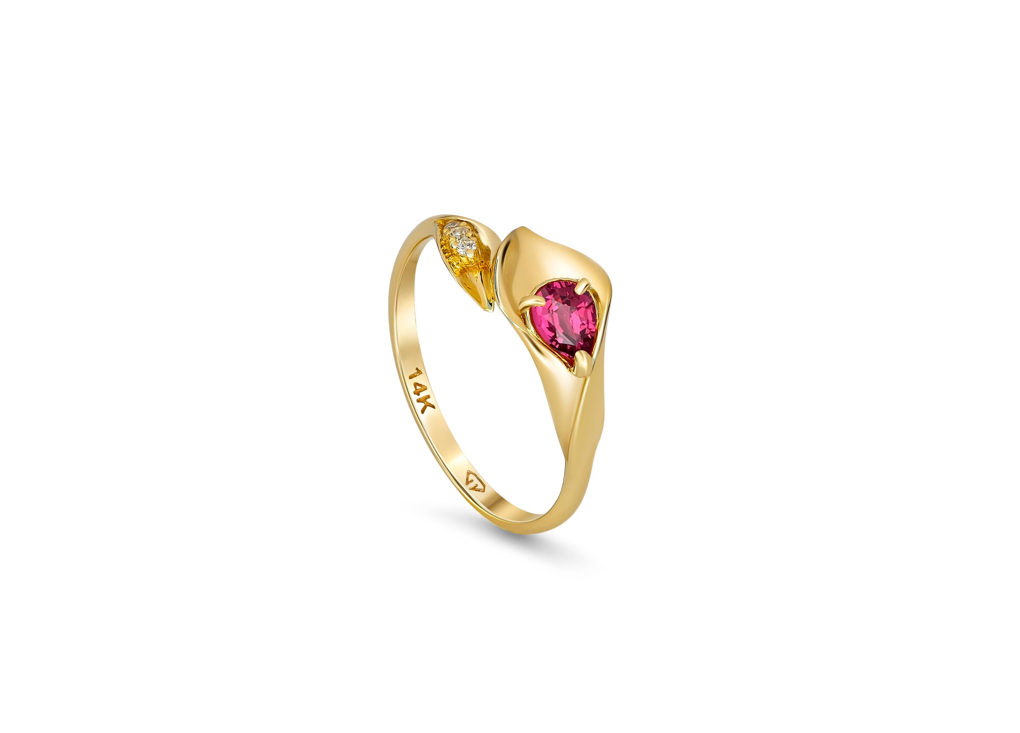 Pear Cut Lily Calla Gold Ring, 14 Karat Gold Ring with Garnet and Diamonds For Sale