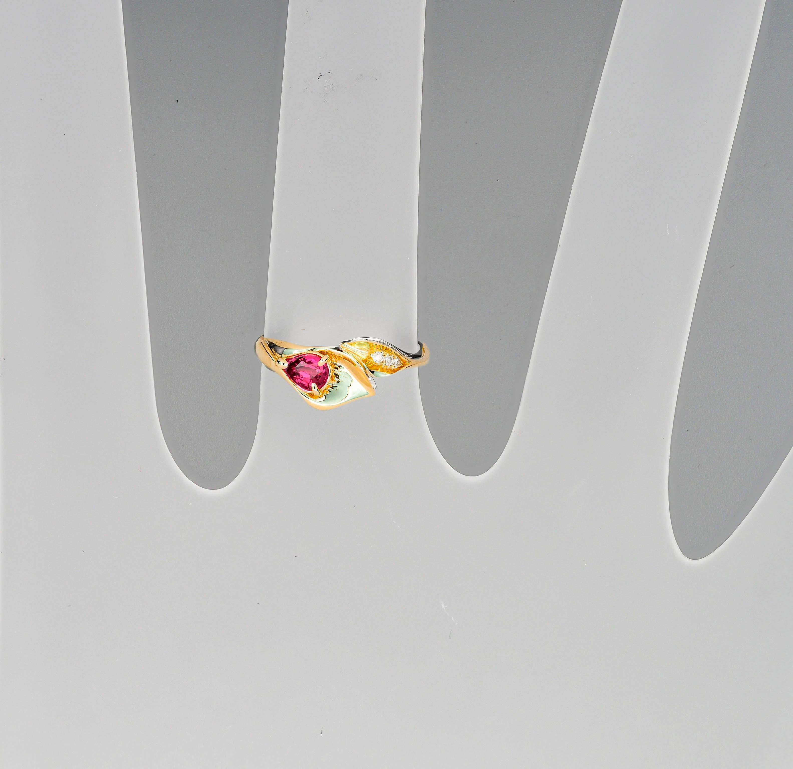 Women's Lily Calla Gold Ring, 14 Karat Gold Ring with Garnet and Diamonds