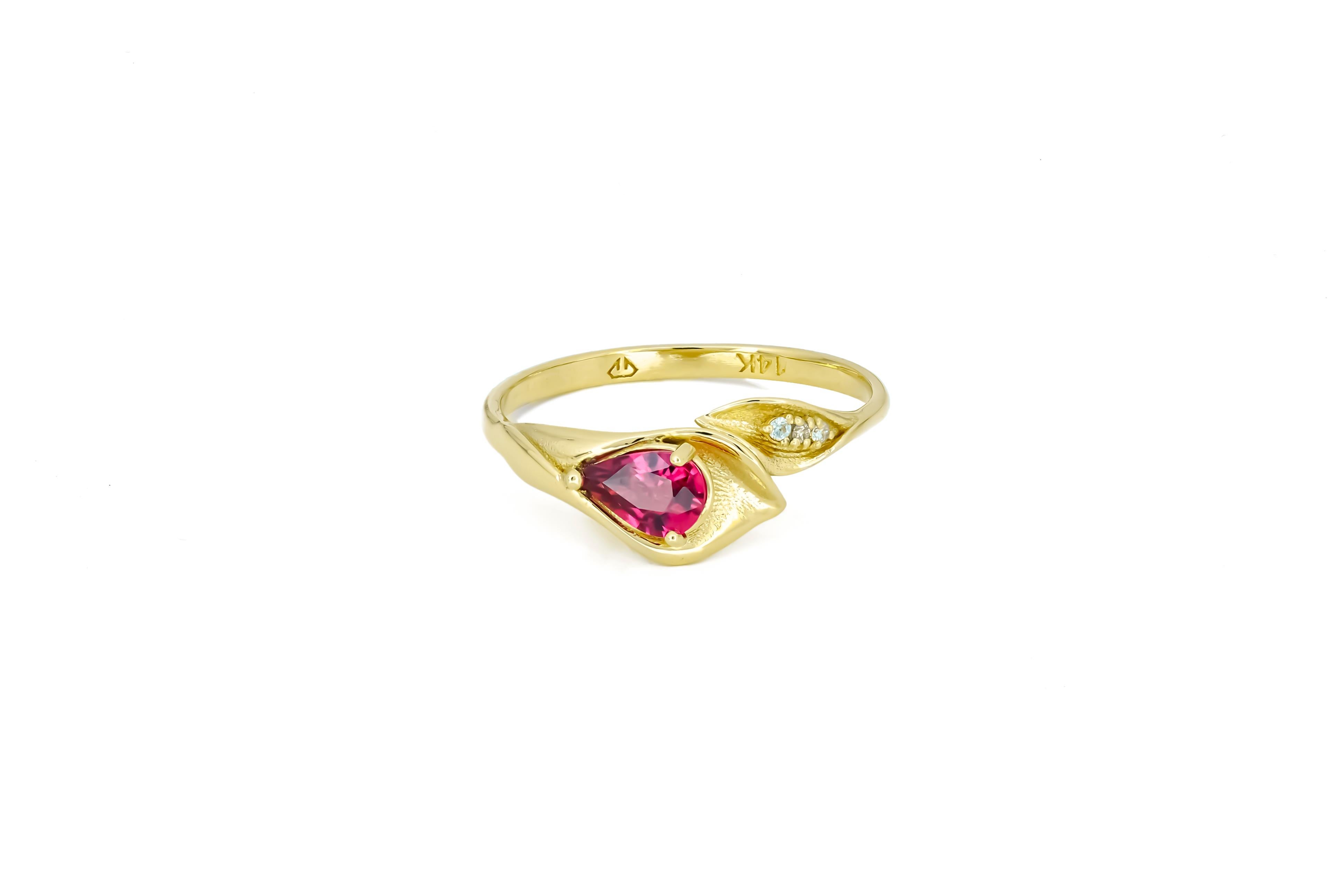 Women's Lily Calla Gold Ring, 14 Karat Gold Ring with Garnet and Diamonds For Sale