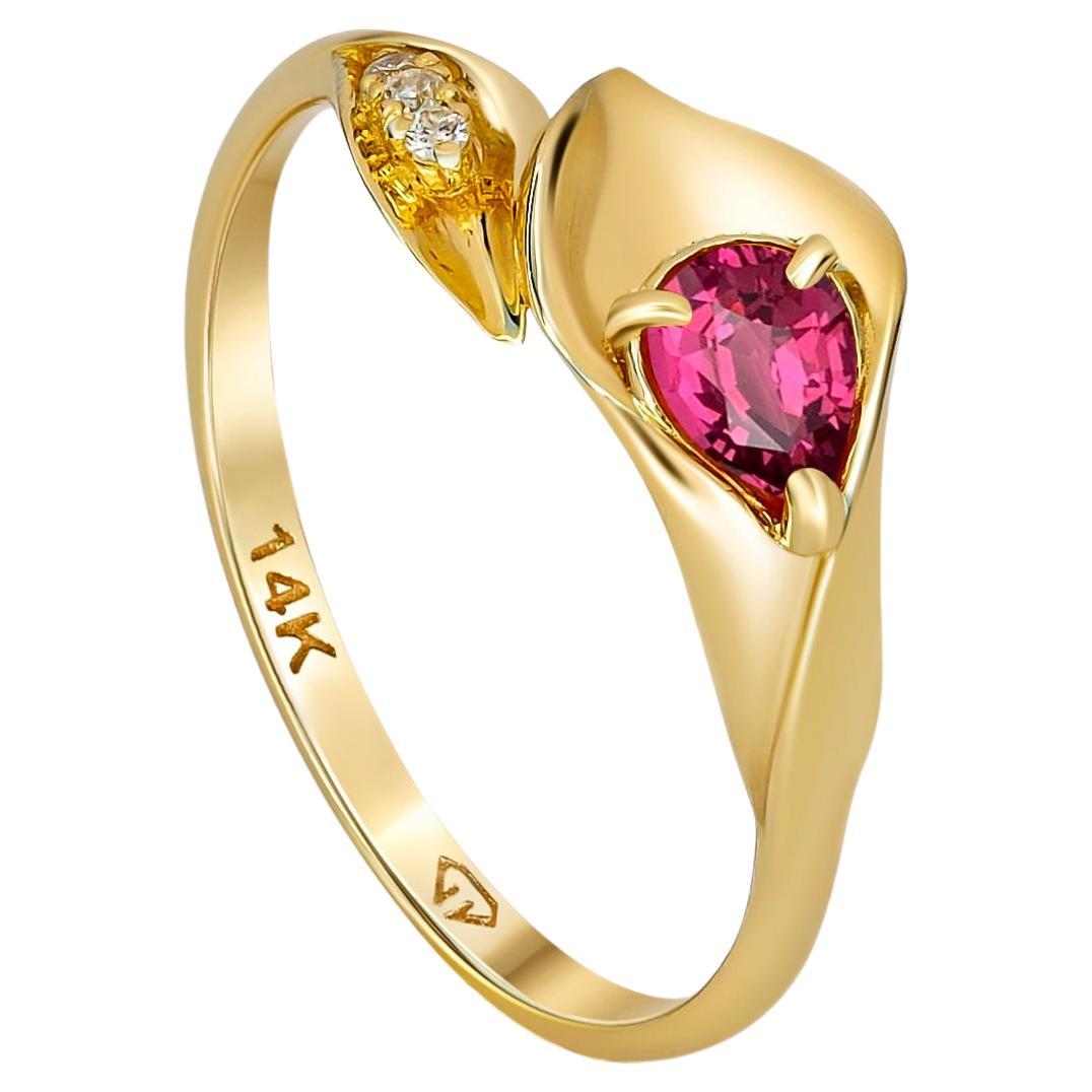 Lily Calla Gold Ring, 14 Karat Gold Ring with Garnet and Diamonds For Sale