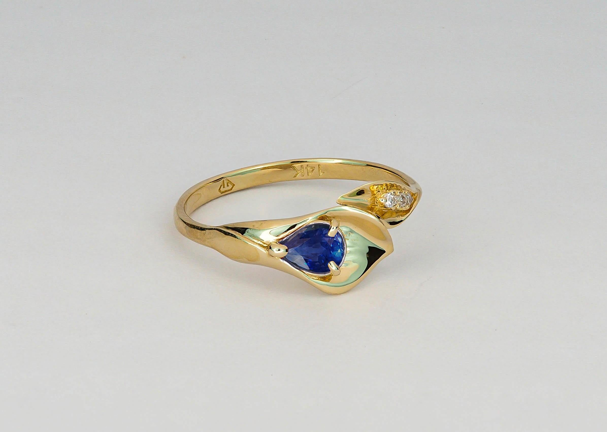 Lily calla gold ring. 14 kt  gold ring with sapphire and diamonds. Pear sapphire gold ring. Flower gold ring.Genuine sapphire ring. Blue sapphire ring. Sapphire vintage ring. Delicate sapphire ring. Sapphire ring for woman.Natural sapphire