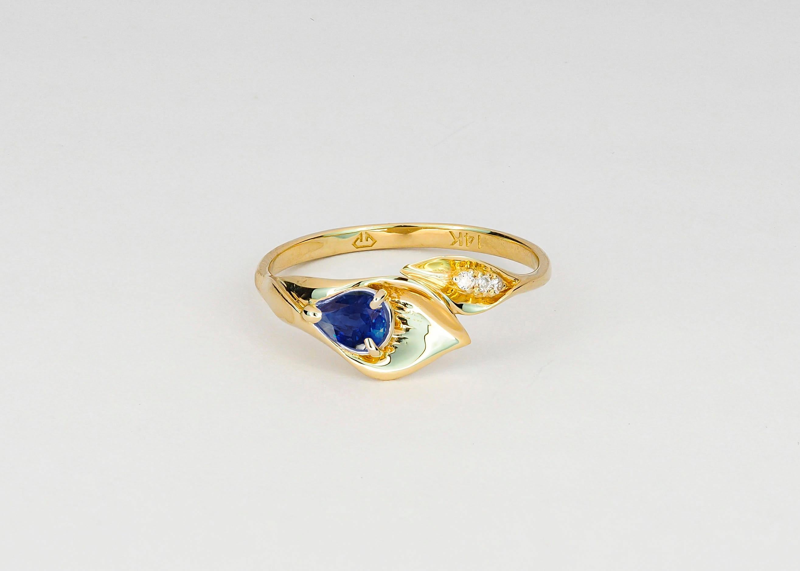 Modern Lily Calla Gold Ring, 14 Karat Gold Ring with Sapphire and Diamonds