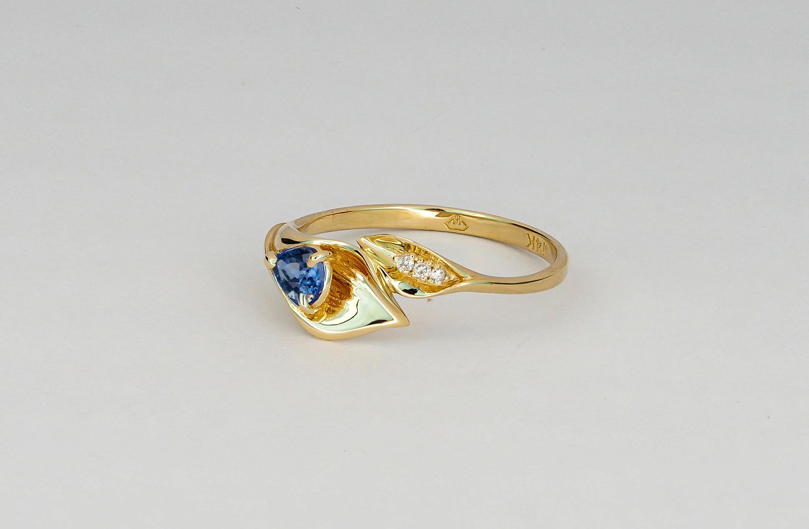 Pear Cut Lily Calla Gold Ring, 14 Karat Gold Ring with Sapphire and Diamonds
