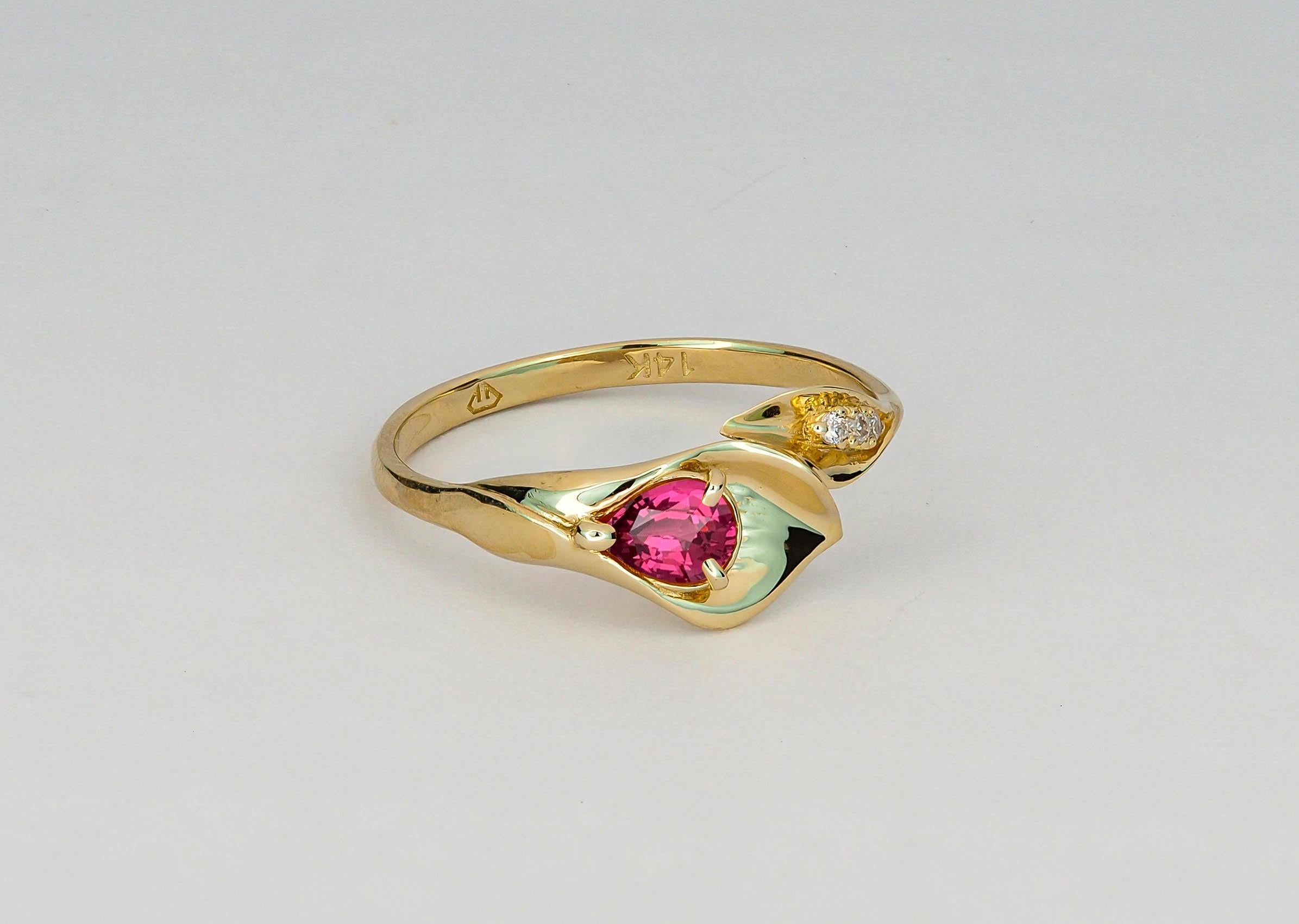 For Sale:  Lily Calla Gold Ring, 14 Karat Gold Ring with Garnet and Diamonds 2
