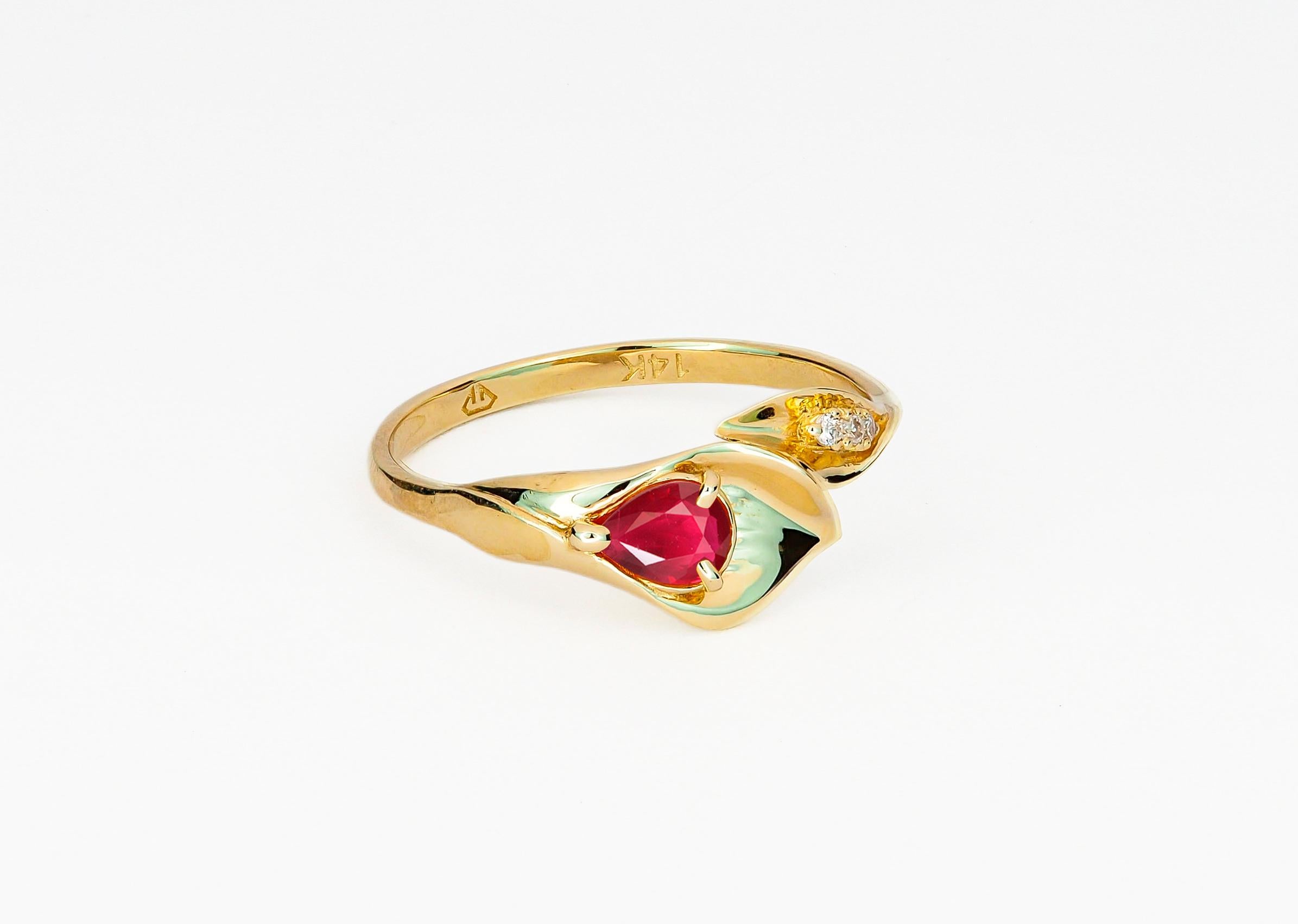 For Sale:  Lily Calla Gold Ring, 14 Karat Gold Ring with Ruby and Diamonds! 2