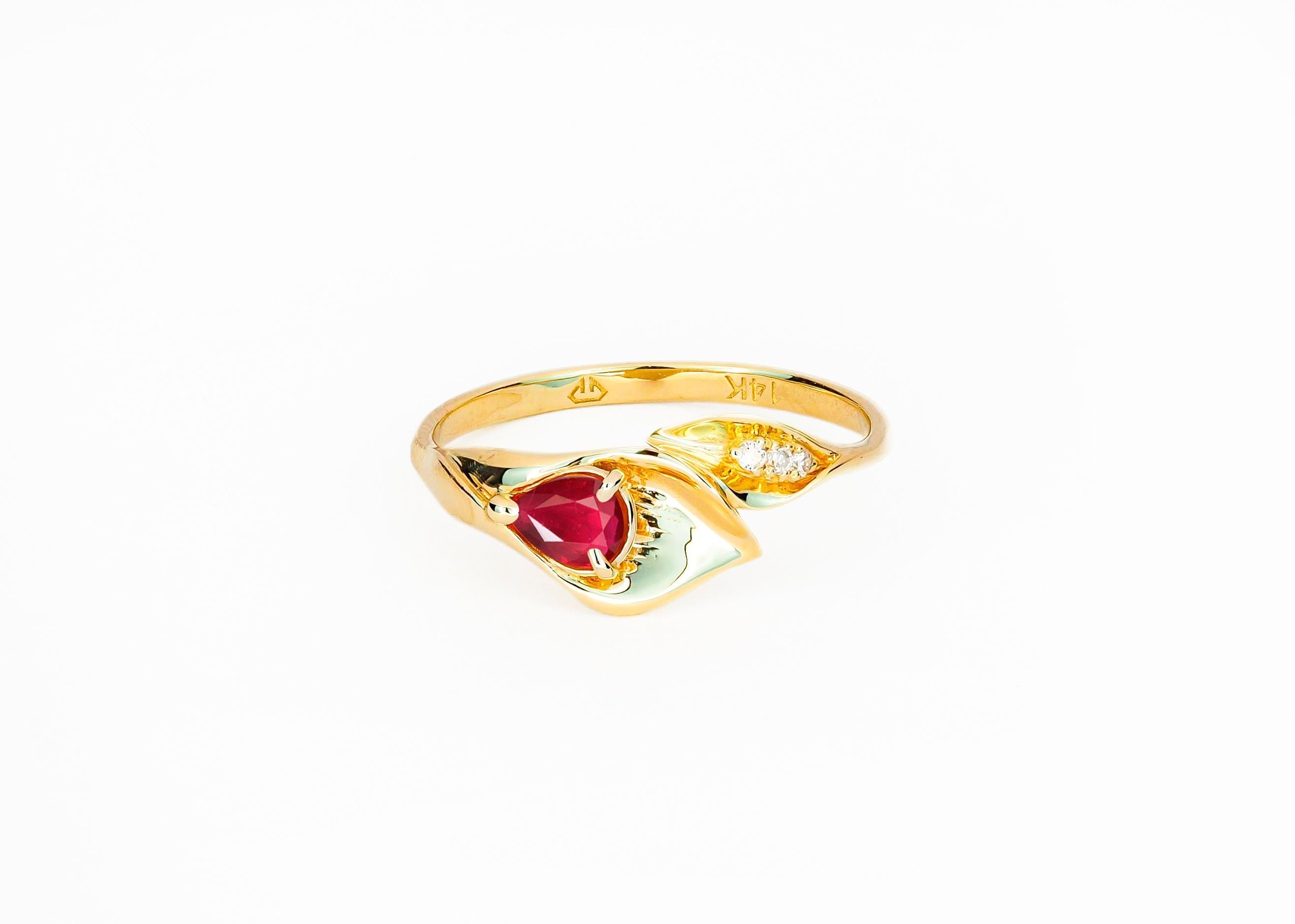 For Sale:  Lily Calla Gold Ring, 14 Karat Gold Ring with Ruby and Diamonds! 3