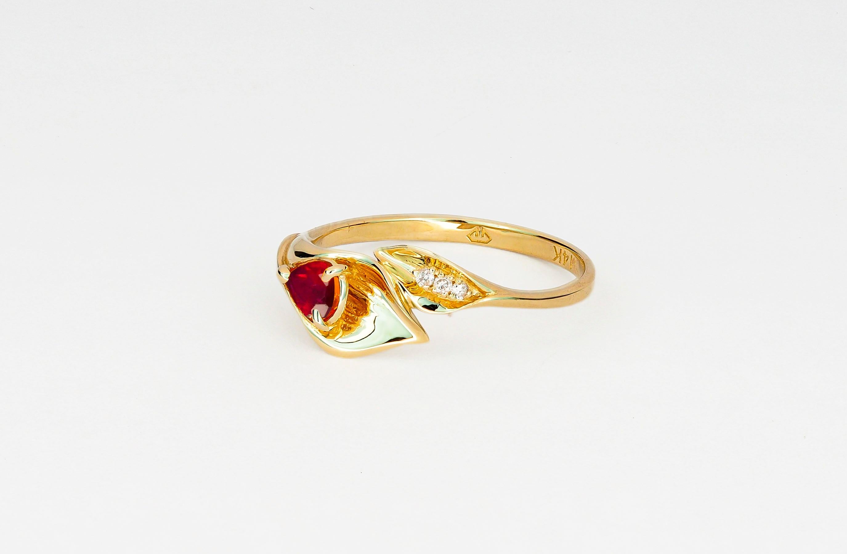 For Sale:  Lily Calla Gold Ring, 14 Karat Gold Ring with Ruby and Diamonds! 4