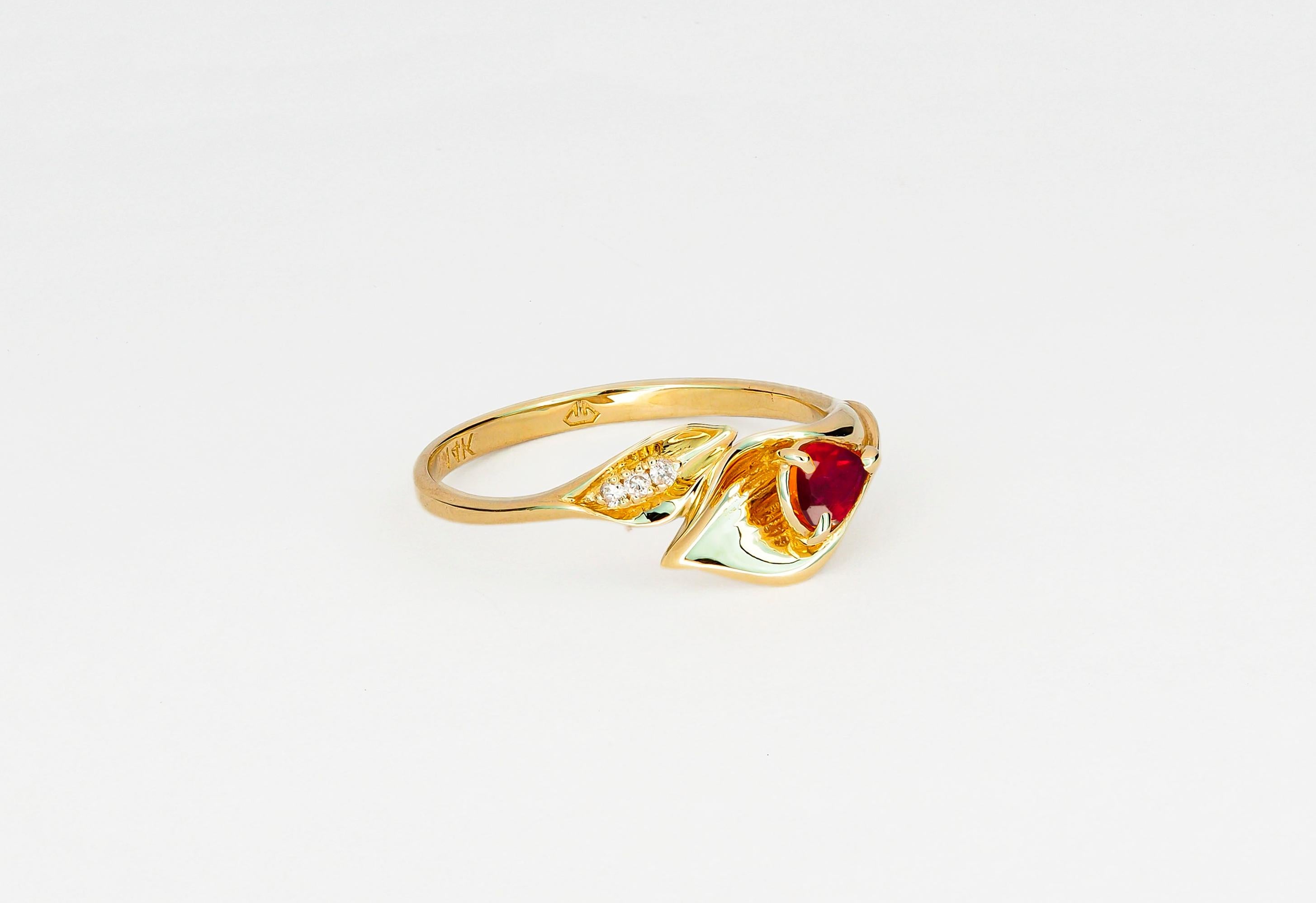 For Sale:  Lily Calla Gold Ring, 14 Karat Gold Ring with Ruby and Diamonds! 5