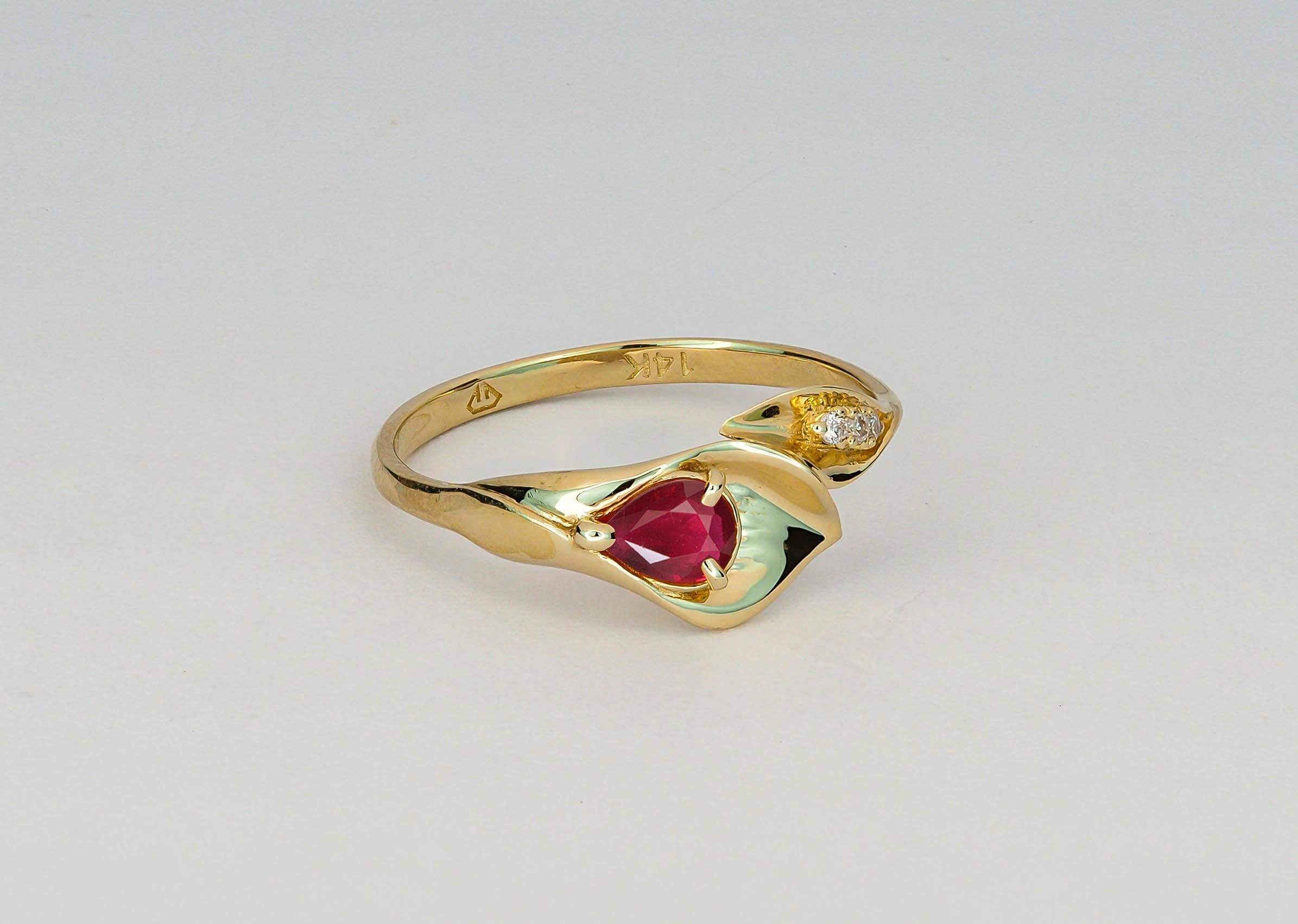 For Sale:  Lily Calla Gold Ring, 14 Karat Gold Ring with Ruby and Diamonds! 6