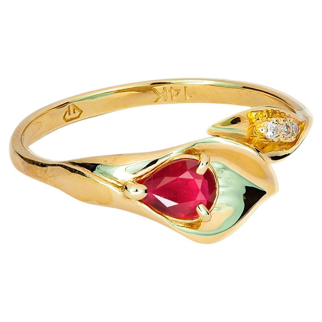 For Sale:  Lily Calla Gold Ring, 14 Karat Gold Ring with Ruby and Diamonds!