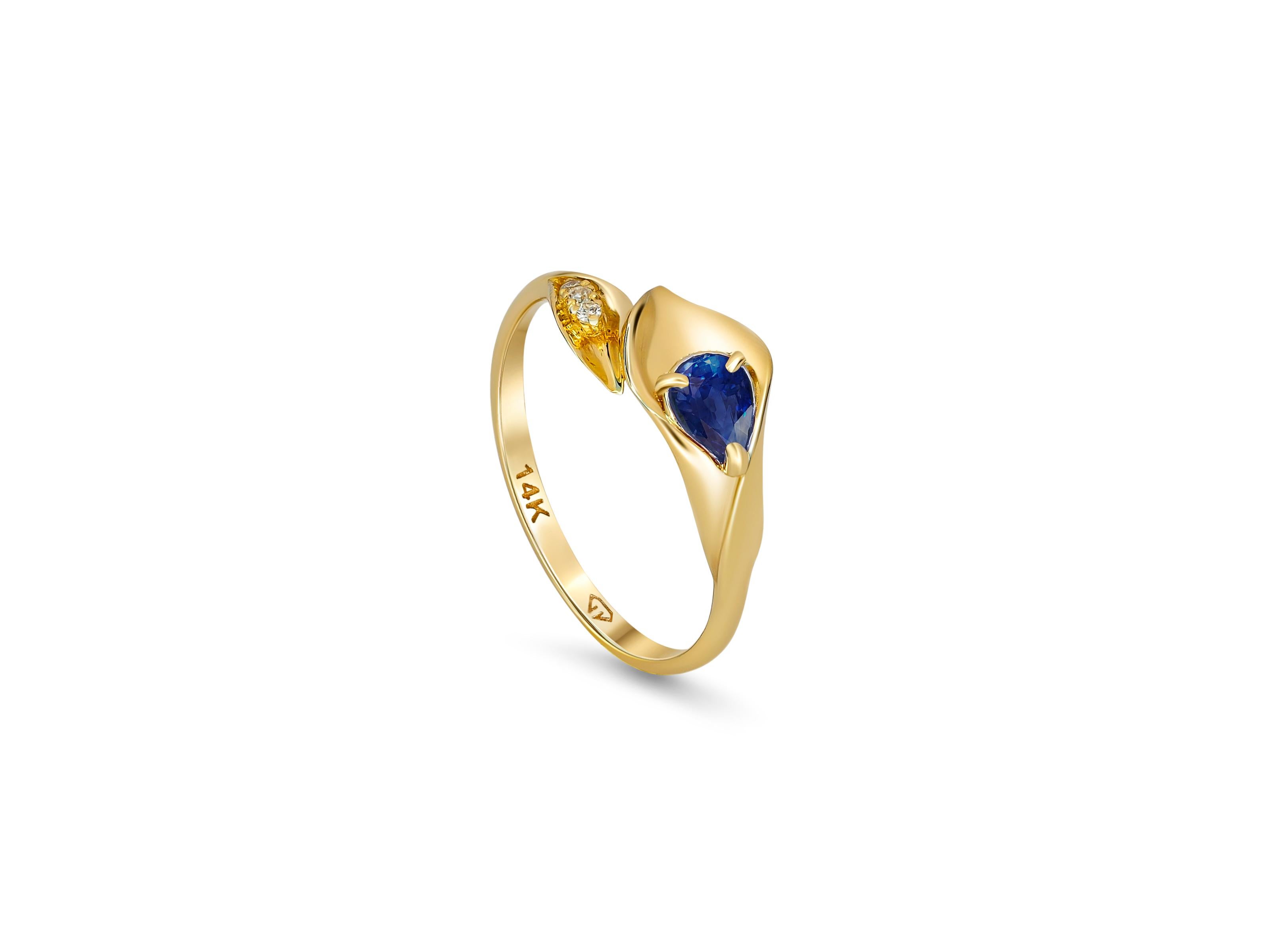 For Sale:  Lily Calla Gold Ring, 14 Karat Gold Ring with Sapphire and Diamonds 5