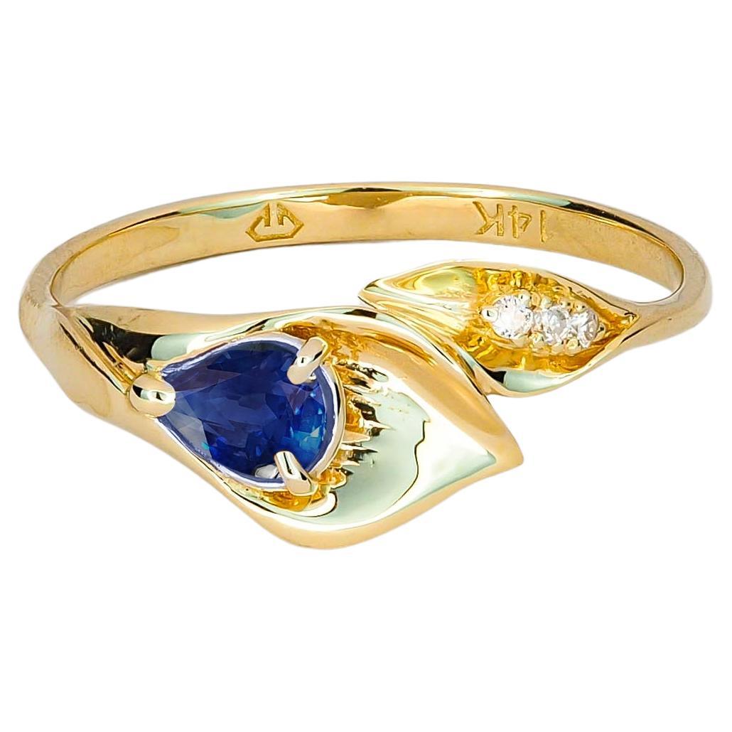 For Sale:  Lily Calla Gold Ring, 14 Karat Gold Ring with Sapphire and Diamonds