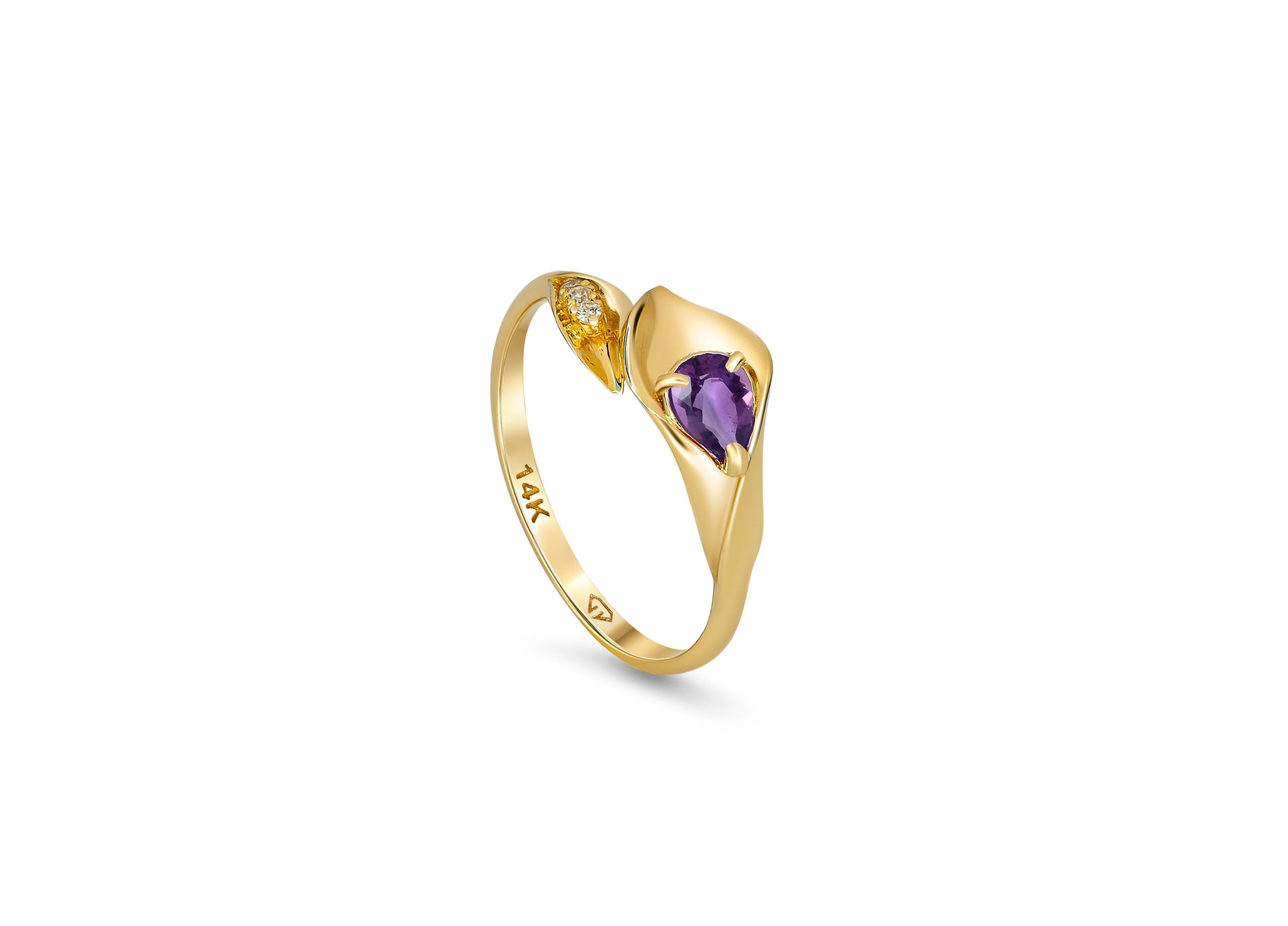 Lily calla gold ring. 
14 kt gold ring with amethyst and diamonds. Pear amethyst gold ring. Flower gold ring.

Metal: 14k gold
Weight: 1.8 g. depends from size

Set with amethyst 
Pear cut, 0.70 ct.
Purple color
Clarity: Transparent with inclusions
