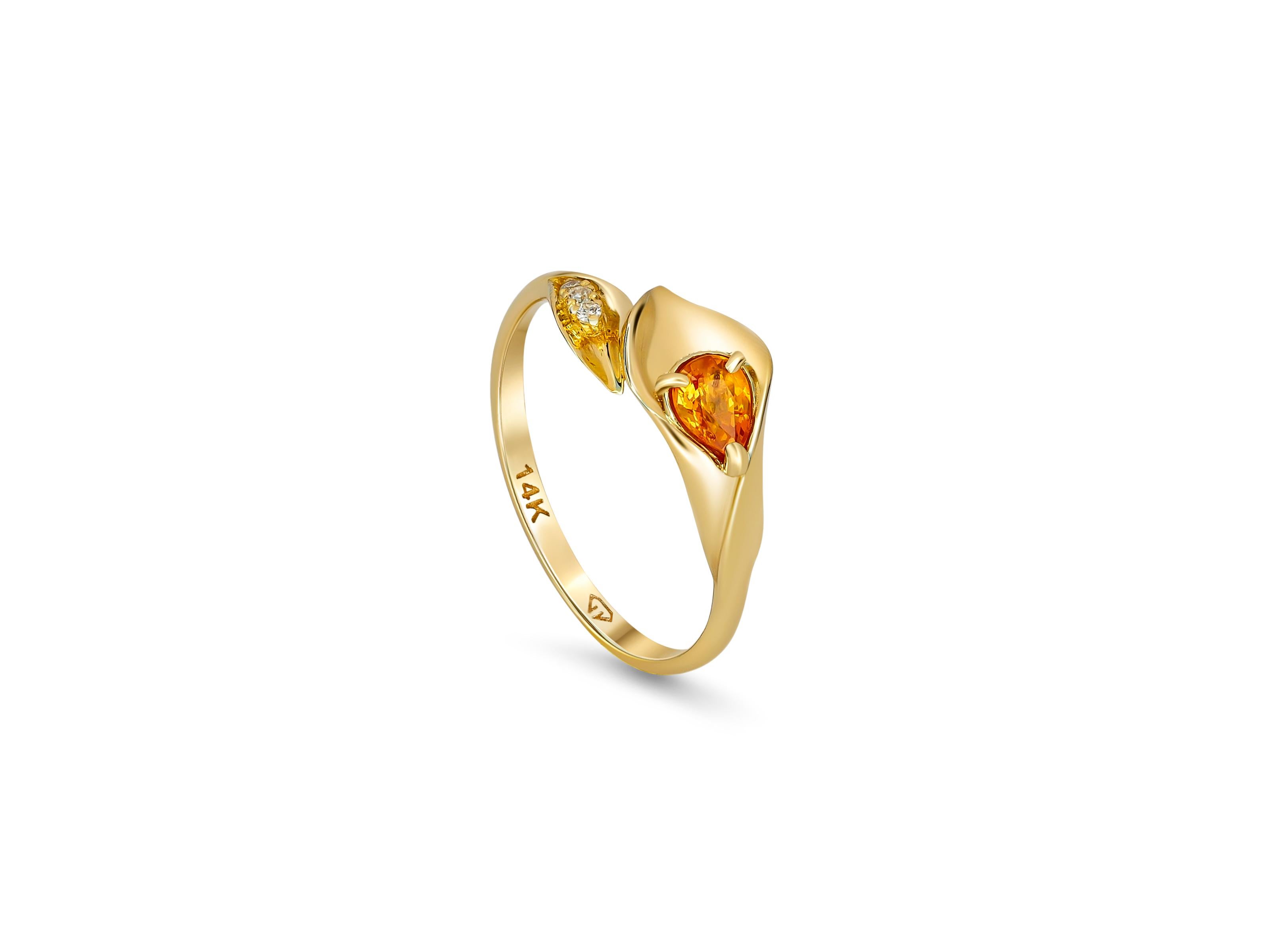 Lily calla gold ring. 
14 kt gold ring with sapphire and diamonds. Pear sapphire gold ring. Flower gold ring. Yellow sapphire ring.

Metal: 14k gold
Weight: 1.8 g. depends from size.

Set with sapphire
Pear cut, 0.70 ct., yellow color
Clarity: