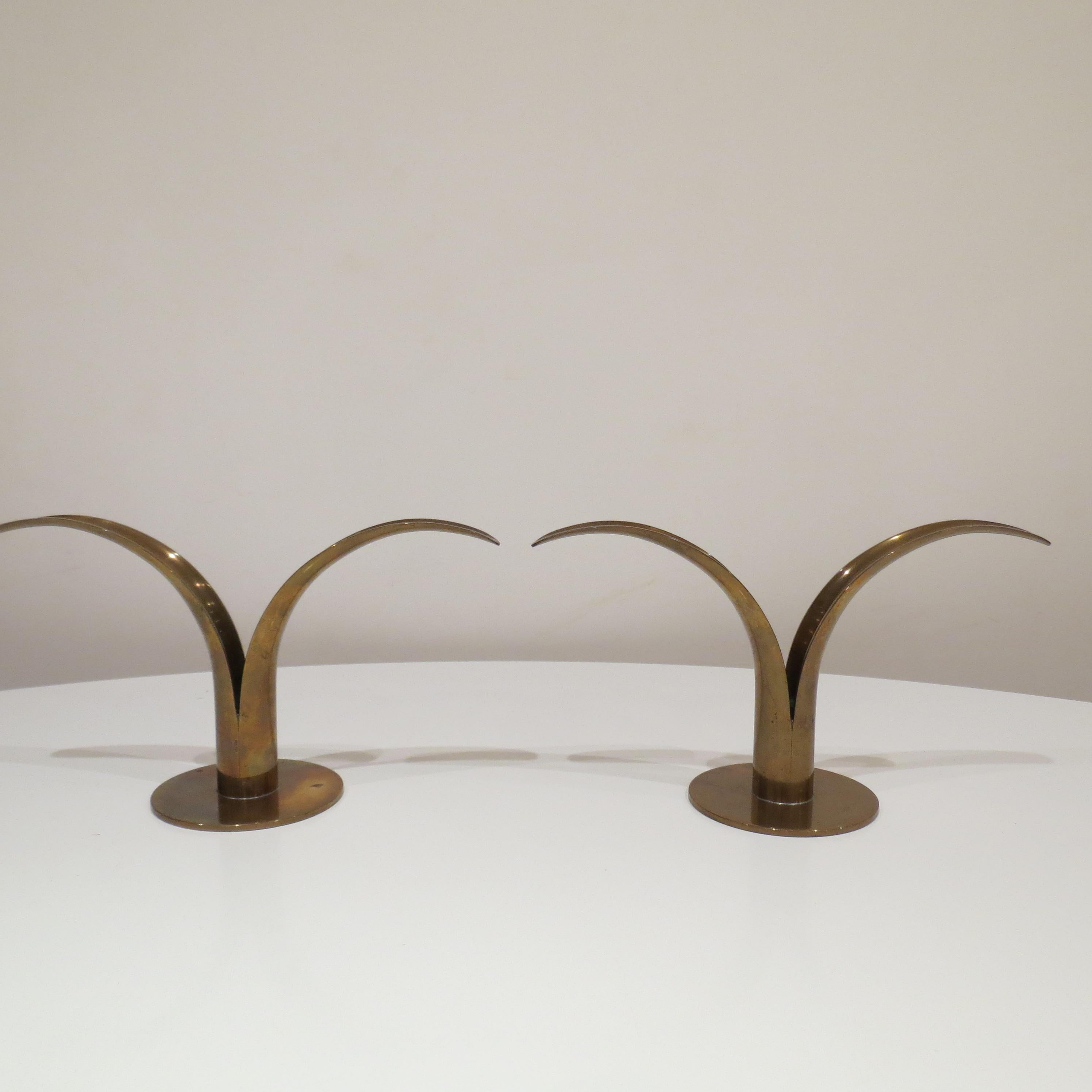 Wonderful pair of 1960s brass candleholders, designed by Iva Alenius Bjork for Ystad-Metall. In lovely condition, with a small amount of patination to the brass. Stamped to the underside Ystad-Metall made in Sweden AB
Price is per pair.
 