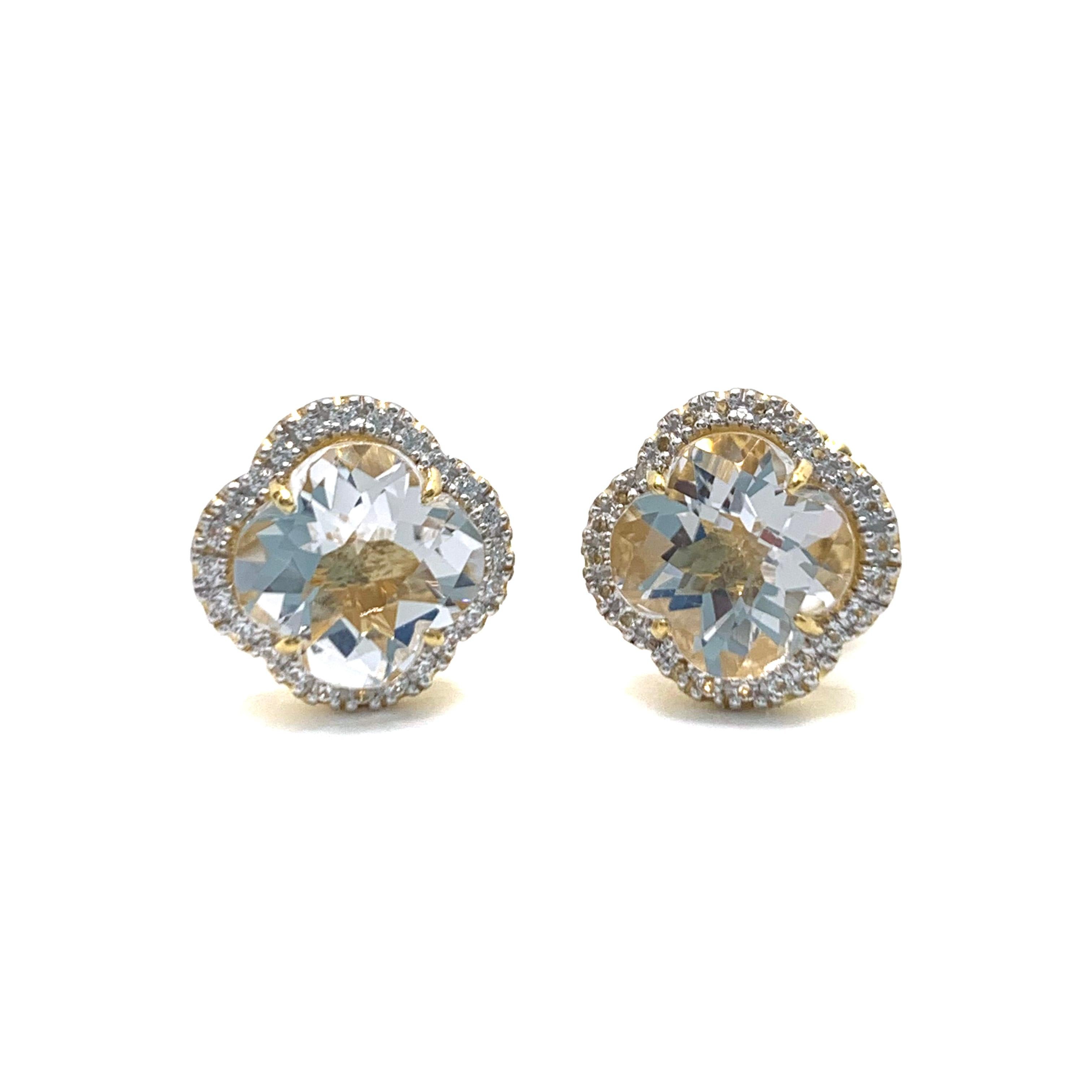 Lily Clover Shape Clear Quartz Halo Studs Earrings

These stunning pair of stud earrings feature a pair of clover shape checkerboard-cut clear quartz, surrounded with round white topaz, handset in 18k yellow gold vermeil over sterling silver. The