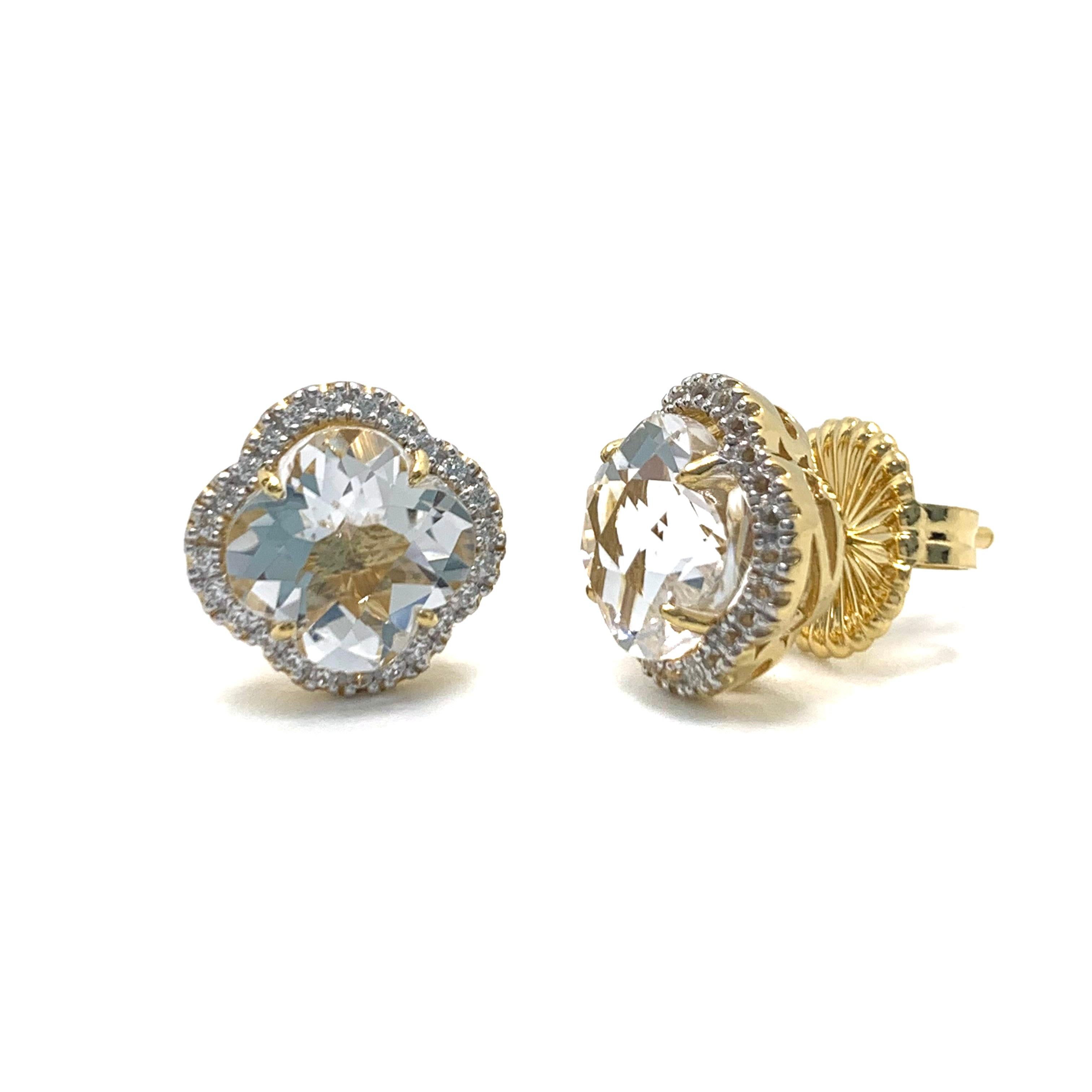 Contemporary Lily Clover Shape Clear Quartz Halo Studs Earrings For Sale