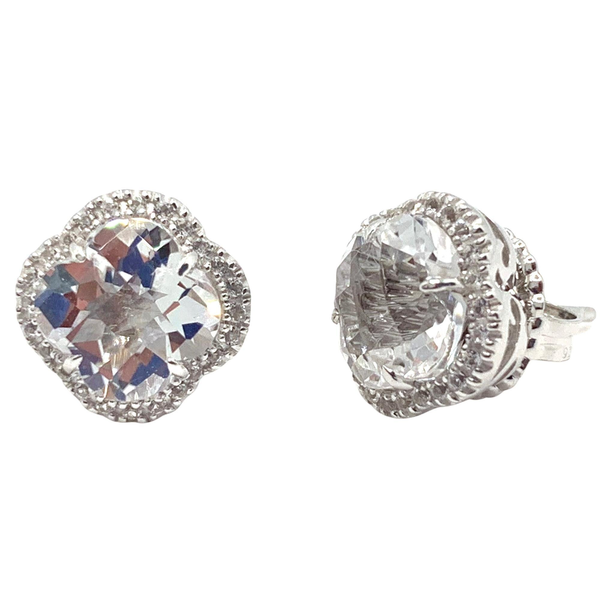 Lily Clover Shape Clear Quartz Halo Studs Earrings For Sale