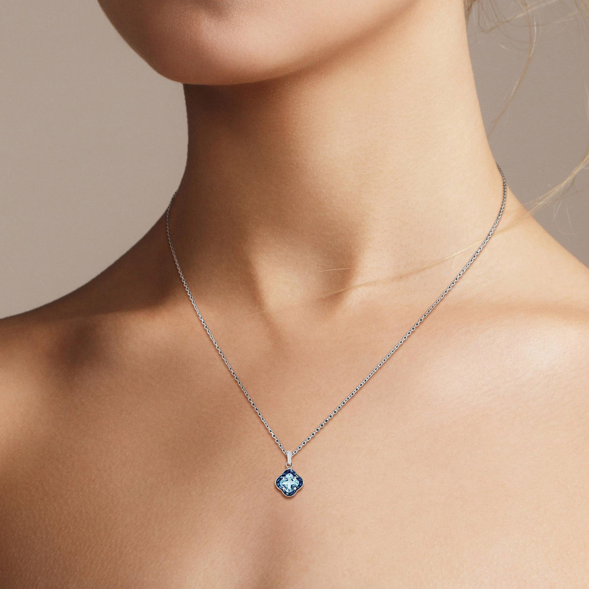 Lily Cut Blue Topaz and Blue Sapphire Pendant Necklace in 9K White Gold For Sale 3
