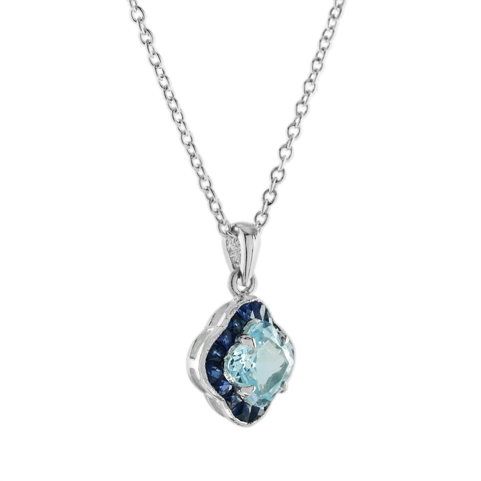 Lily Cut Blue Topaz and Blue Sapphire Pendant Necklace in 9K White Gold In New Condition For Sale In Bangkok, TH