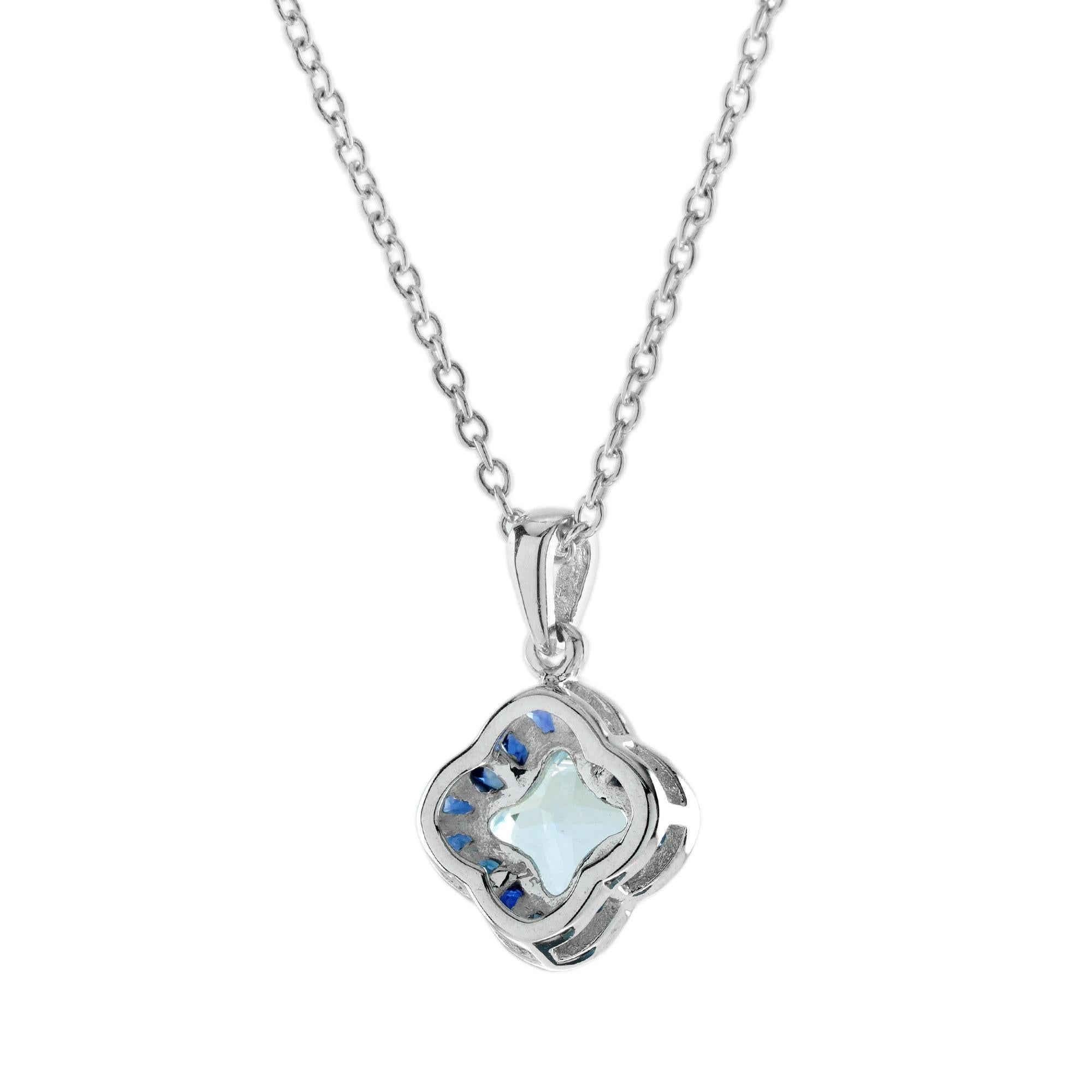 Women's Lily Cut Blue Topaz and Blue Sapphire Pendant Necklace in 9K White Gold For Sale