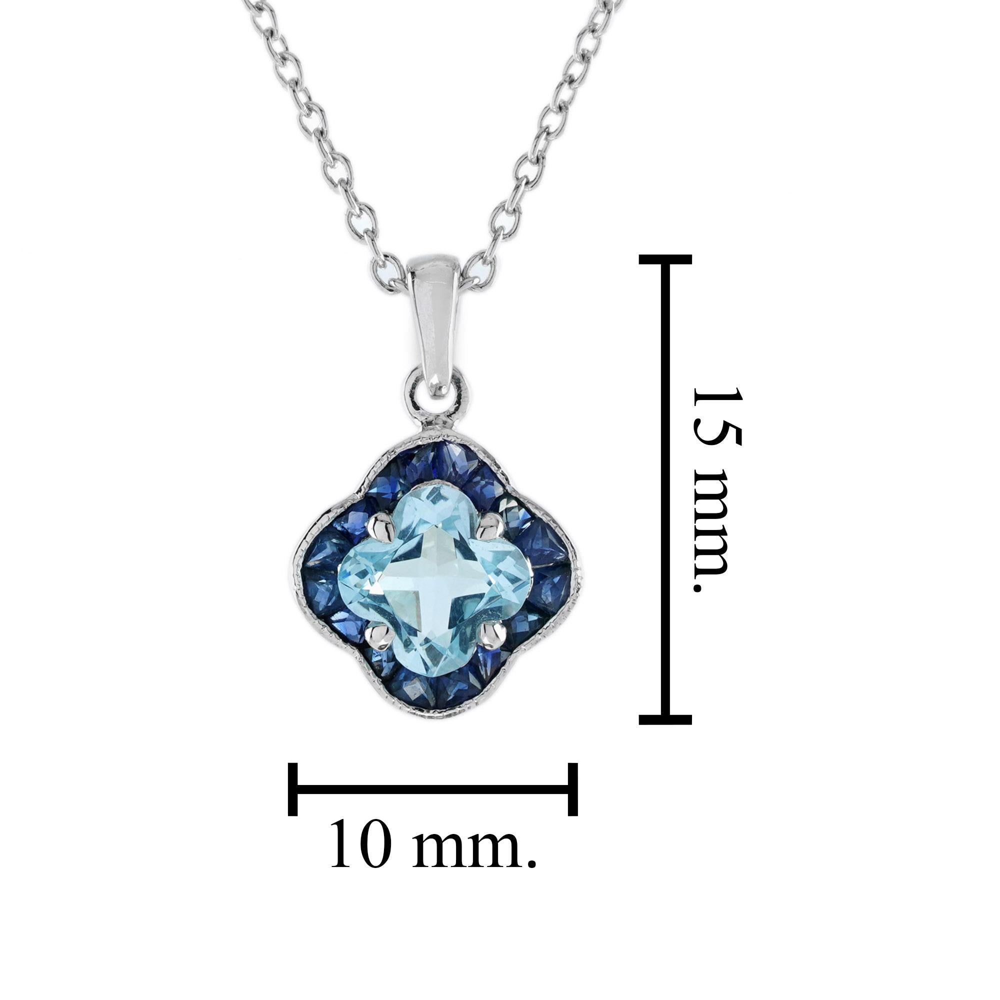 Lily Cut Blue Topaz and Blue Sapphire Pendant Necklace in 9K White Gold For Sale 2