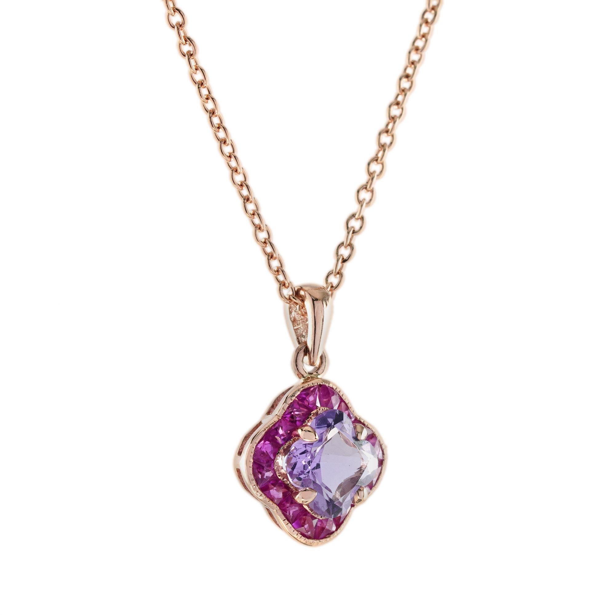 Sophisticate and classy, this design pendant necklace is inspired by the beauty of Pink Perfection Lily Flower. The center stone of shining Lily cut pink amethyst brings you the good luck and fortune, surrounded by French cut rubies, as the flower