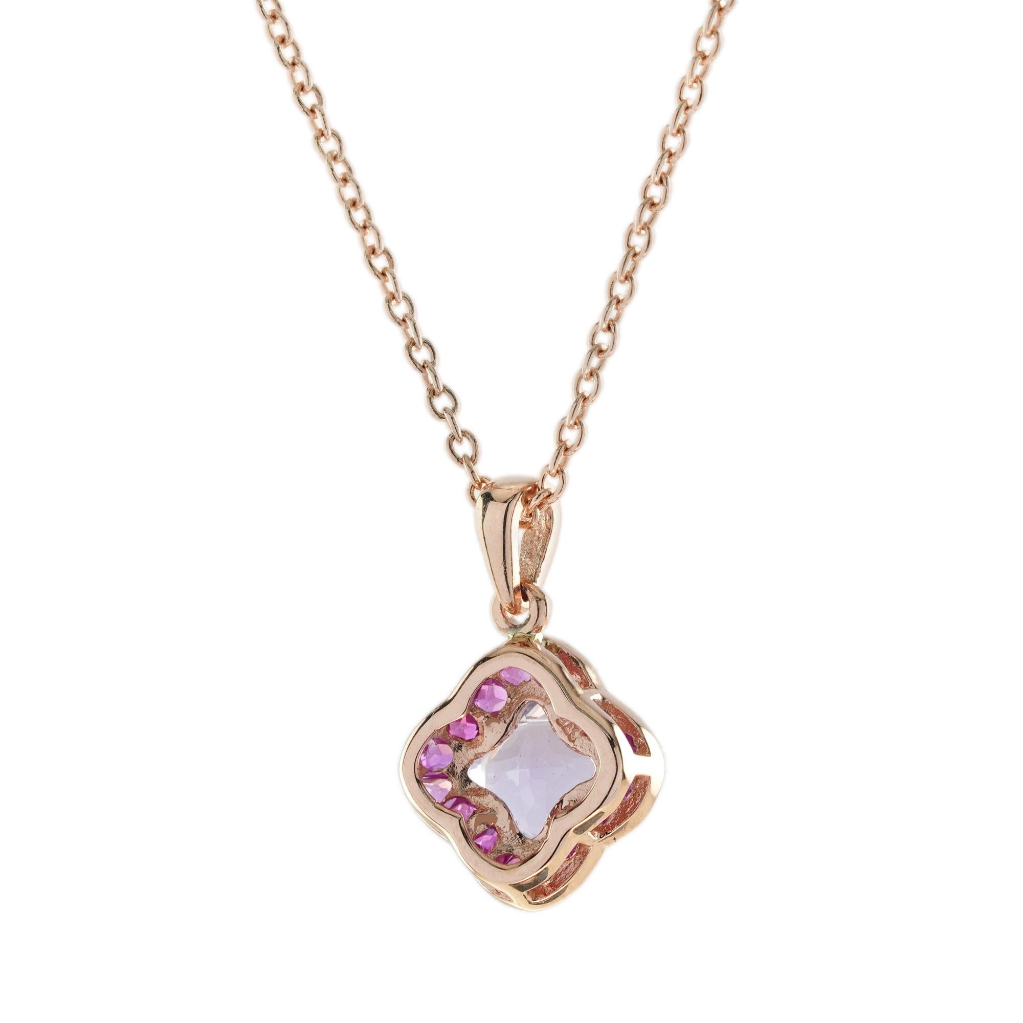 Art Deco Lily Cut Pink Amethyst & Ruby Halo Set Pendant Rose Gold Necklace For Sale
