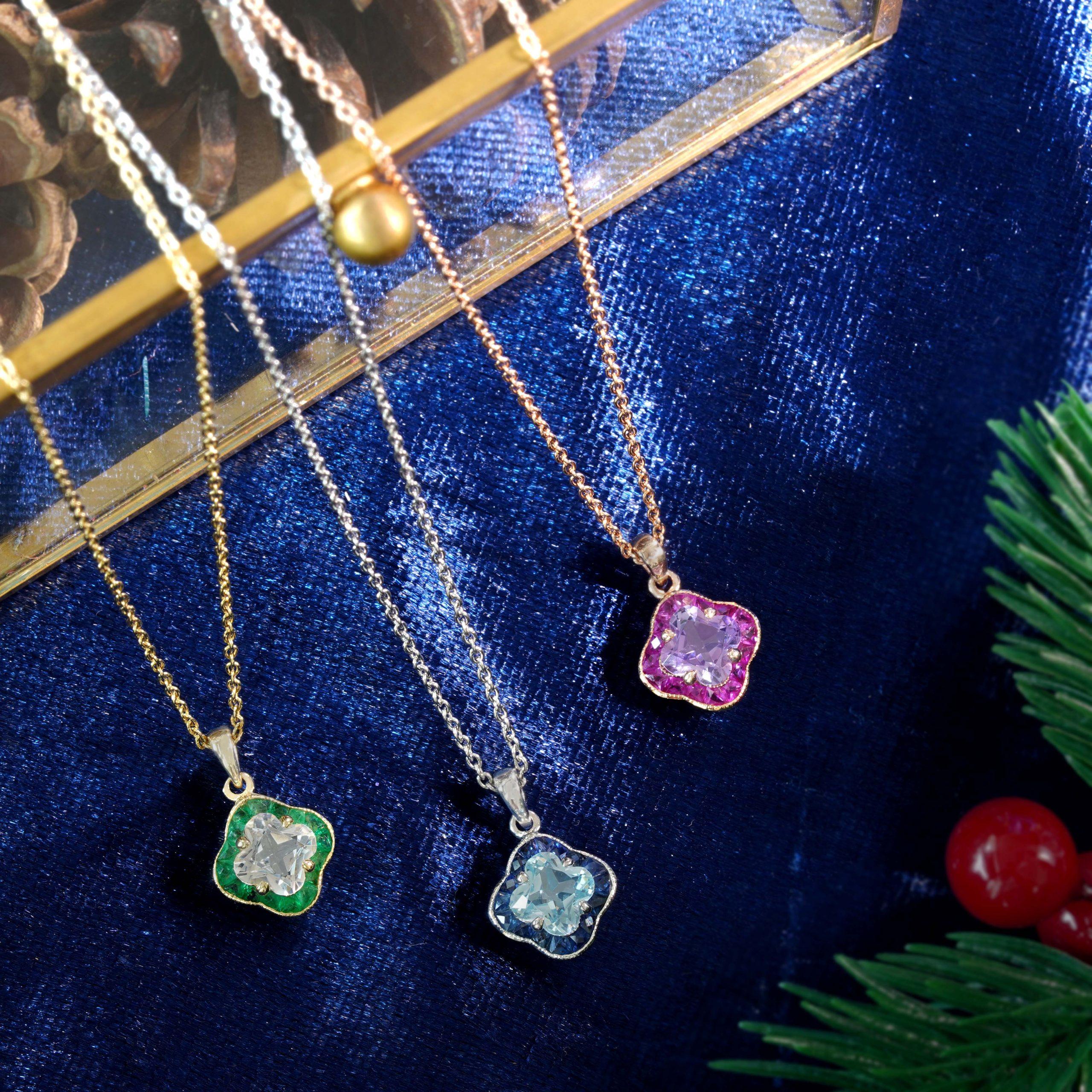Lily Cut Pink Amethyst & Ruby Halo Set Pendant Rose Gold Necklace For Sale 1