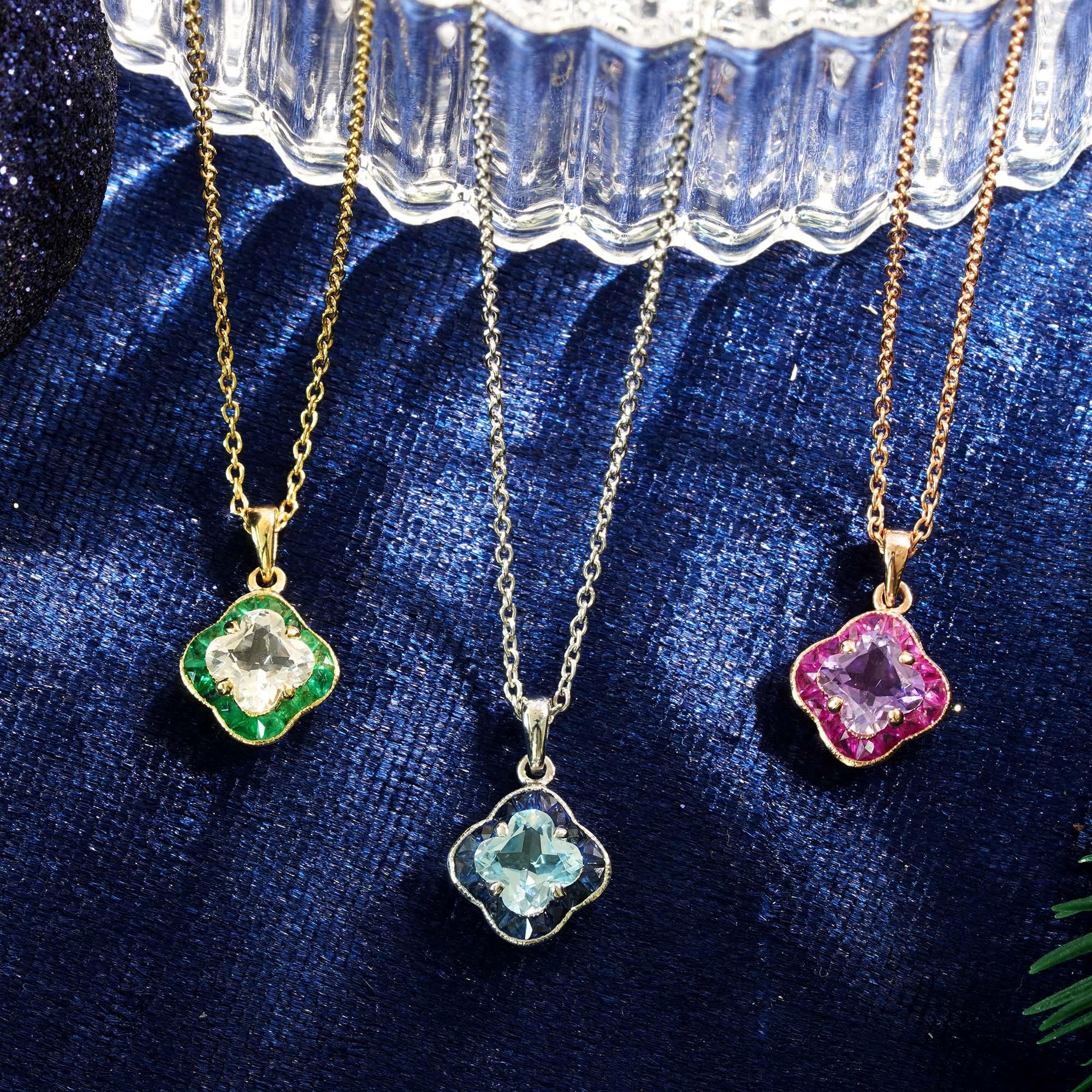 Lily Cut Pink Amethyst & Ruby Halo Set Pendant Rose Gold Necklace For Sale 2