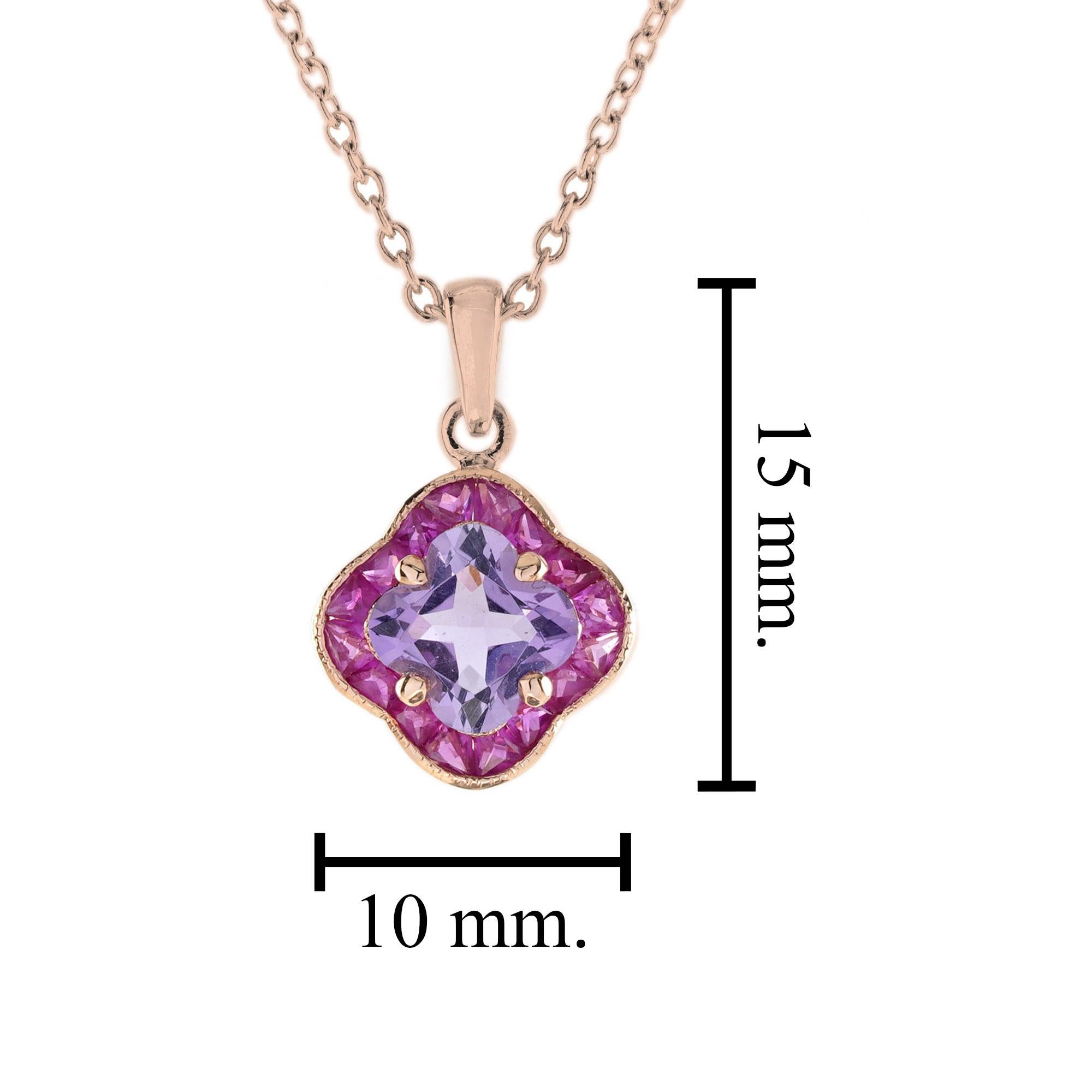Lily Cut Pink Amethyst & Ruby Halo Set Pendant Rose Gold Necklace For Sale 3