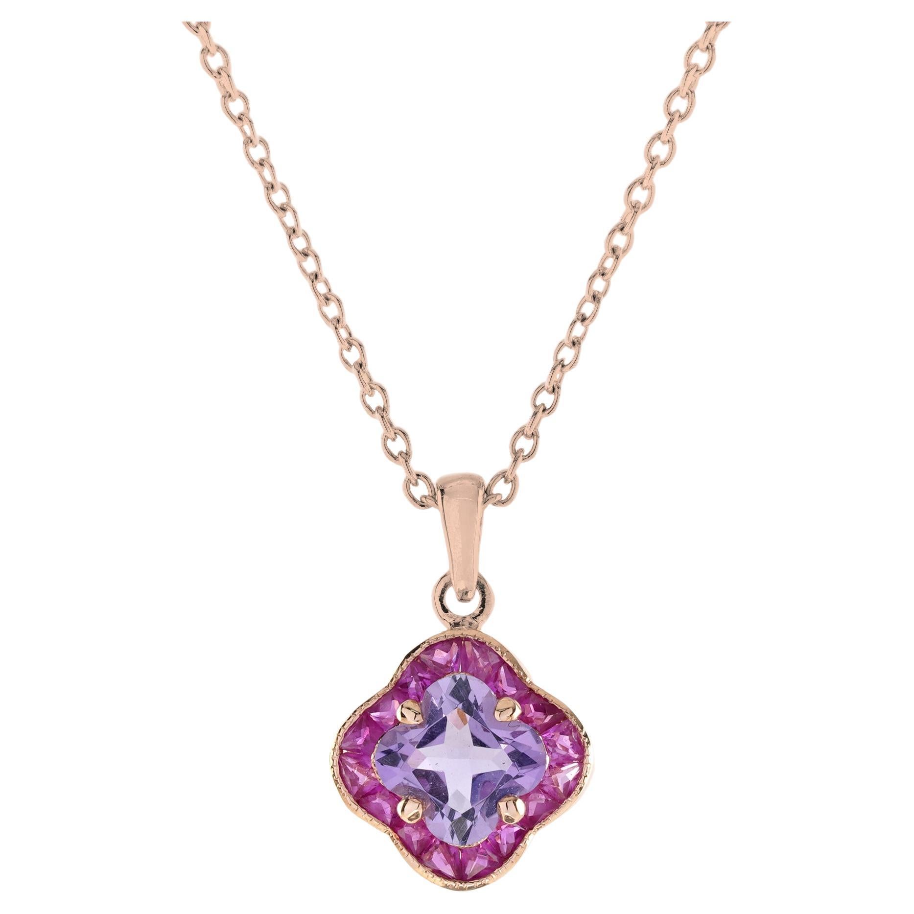 Lily Cut Pink Amethyst & Ruby Halo Set Pendant Rose Gold Necklace