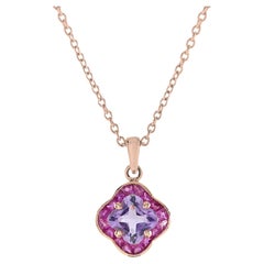 Lily Cut Pink Amethyst & Ruby Halo Set Pendant Rose Gold Necklace