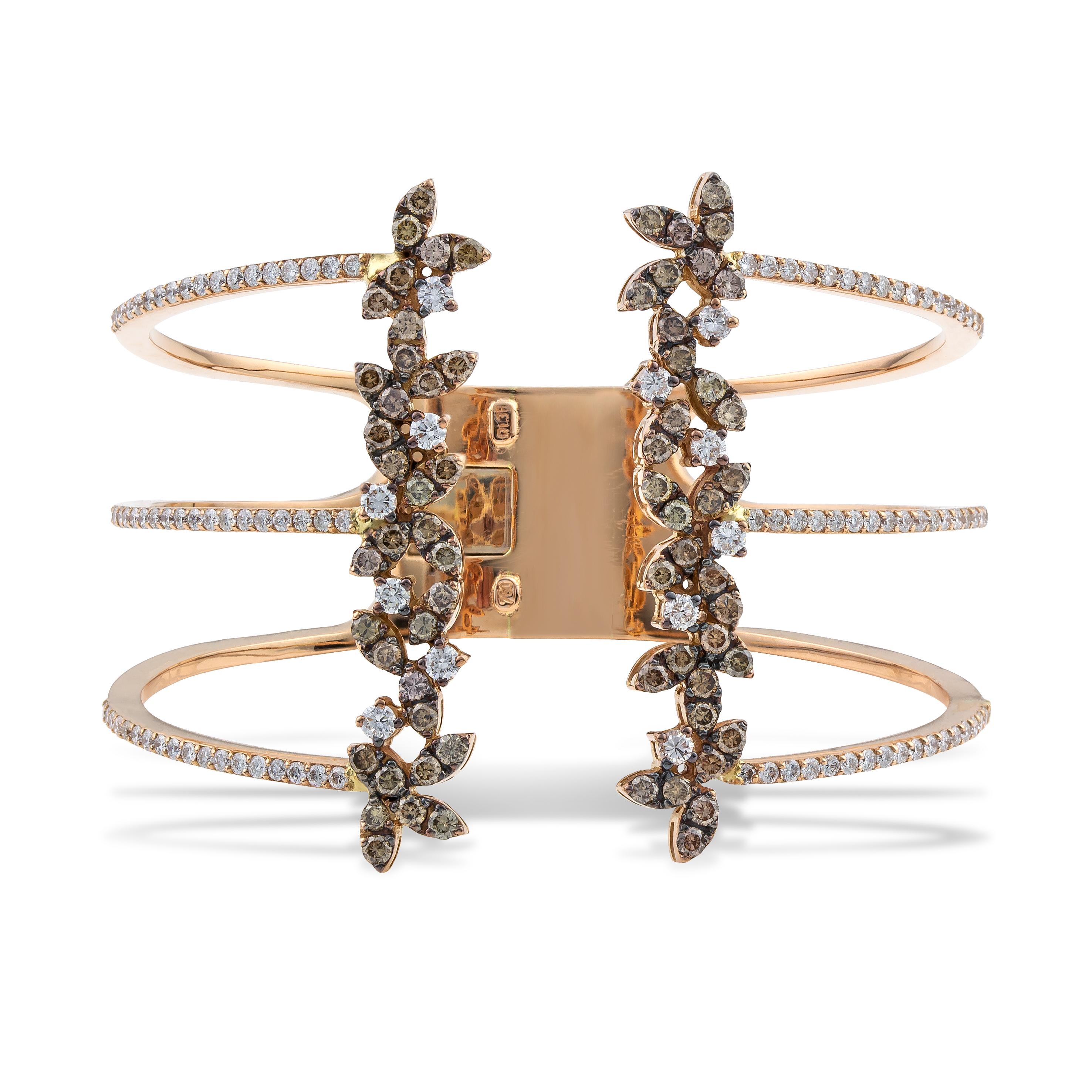 Contemporary Lily Flower Cage Cuff Bracelet in 18Kt Rose Gold Brown & White Diamonds 6, 72ct For Sale