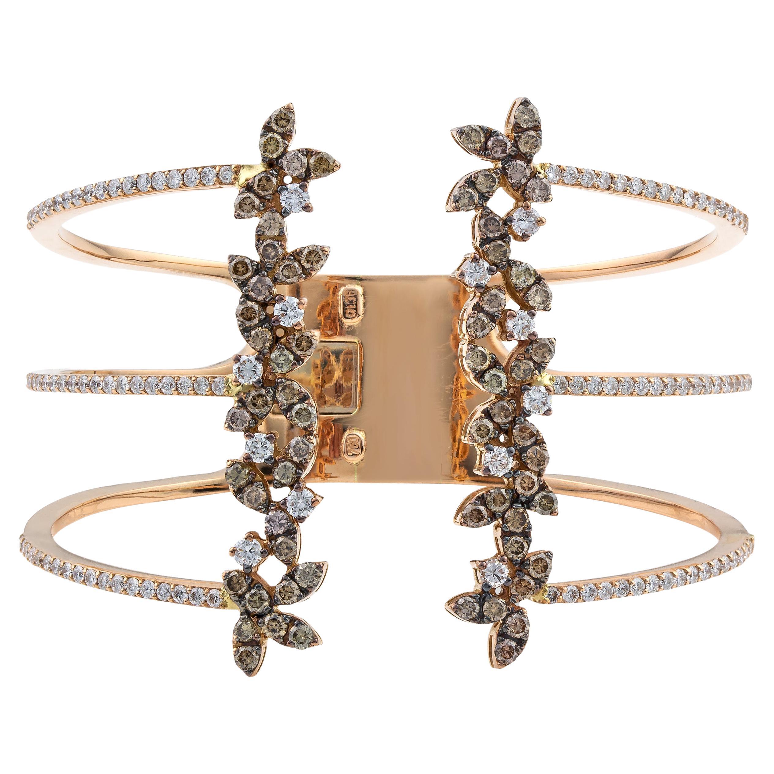 Lily Flower Cage Cuff Bracelet in 18Kt Rose Gold Brown & White Diamonds 6, 72ct For Sale