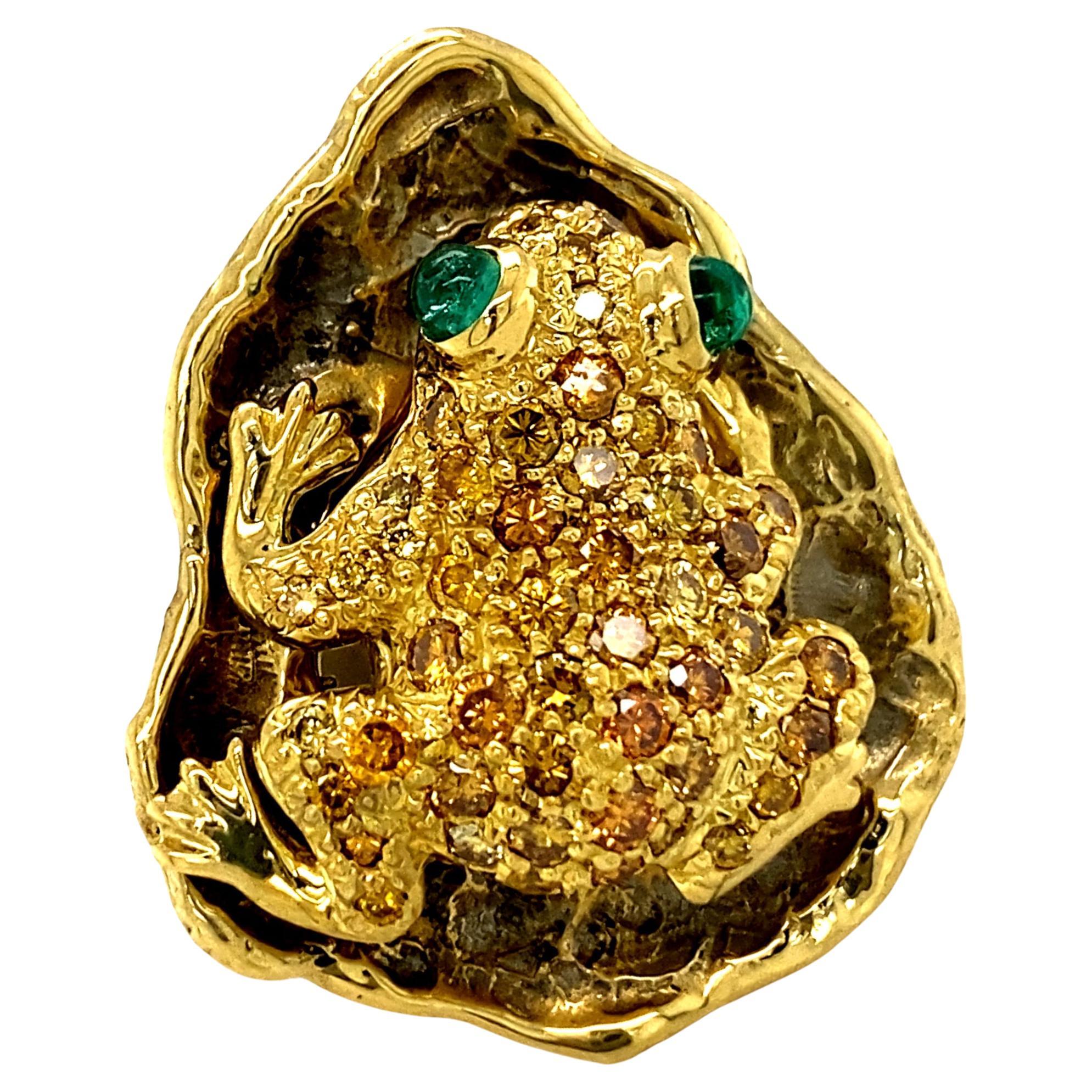 "Lily Frog" Cocktail Ring in 18K Gold with Emeralds, Cognac & Yellow Diamonds