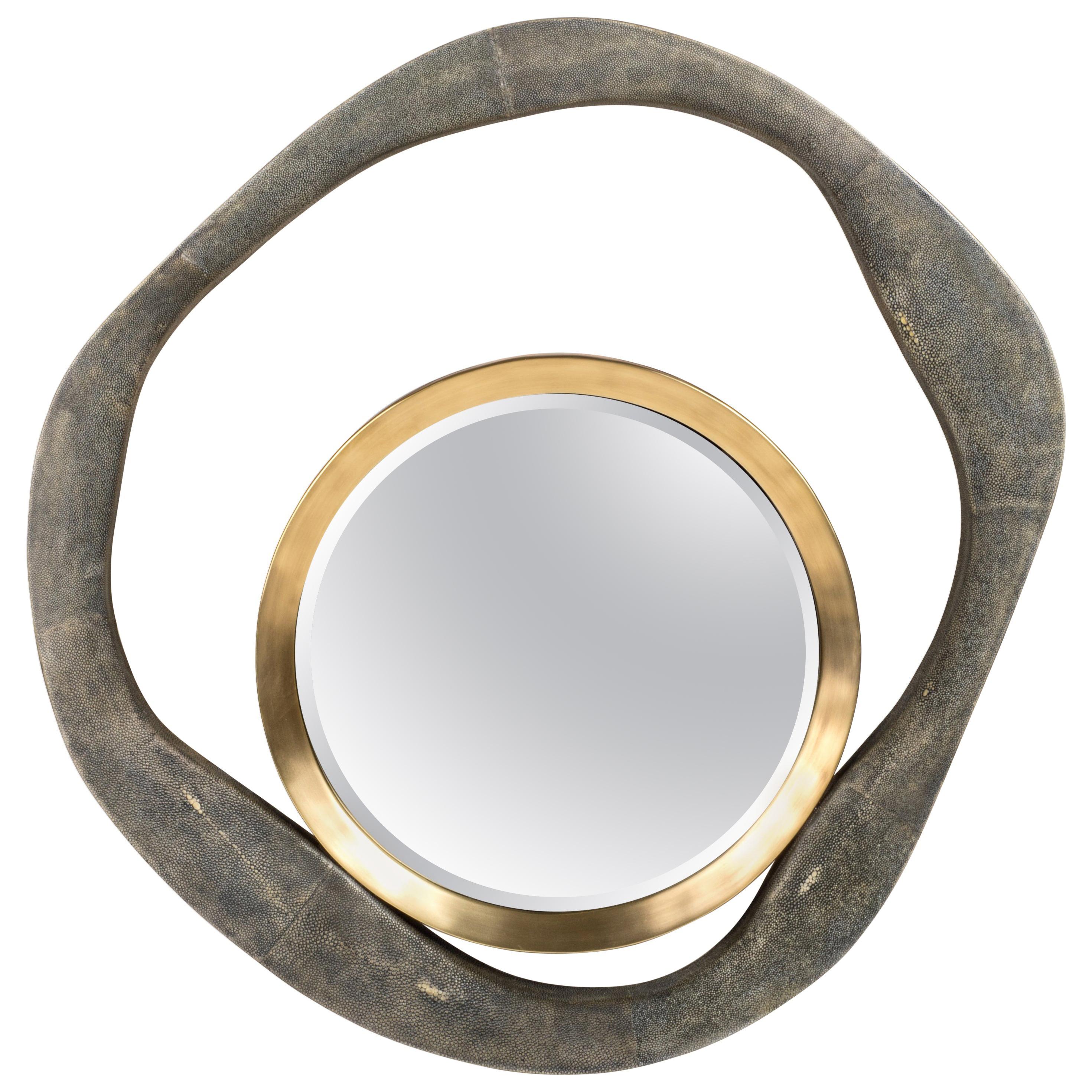 Lily Mirror Medium in Black Shagreen and Bronze-Patina Brass by R & Y Augousti