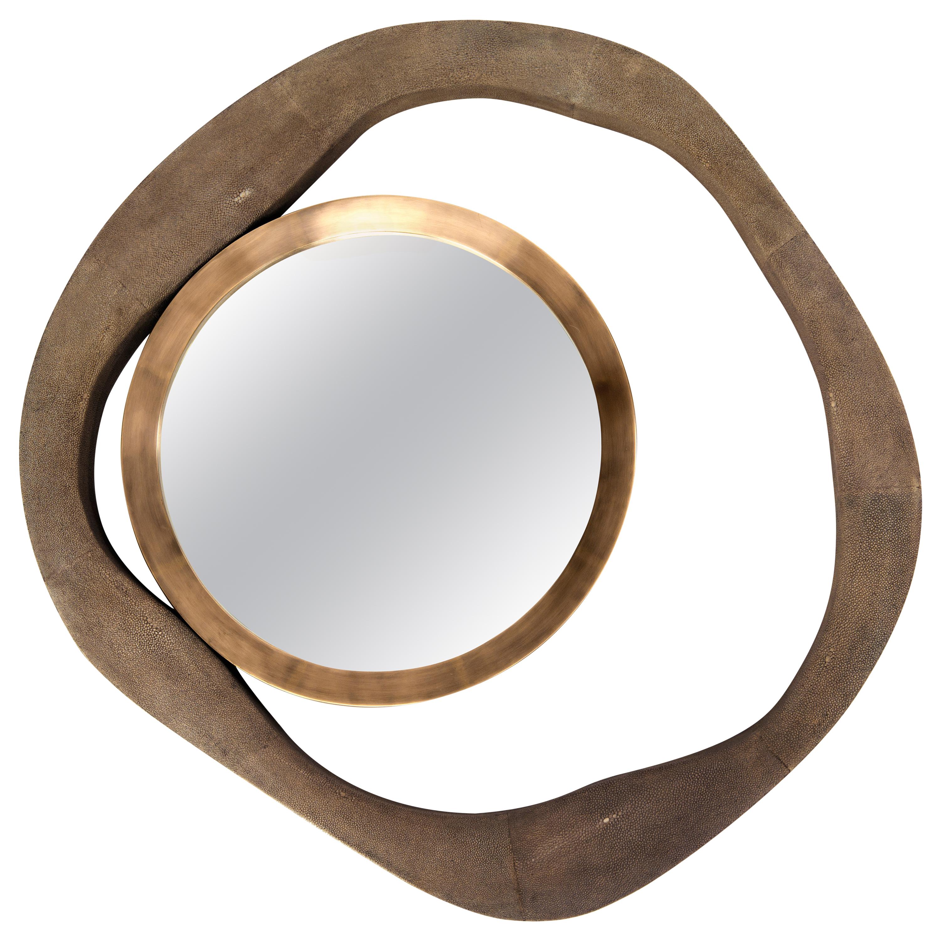 Lily Mirror Medium in Brown Shagreen and Bronze-Patina Brass by R&Y Augousti