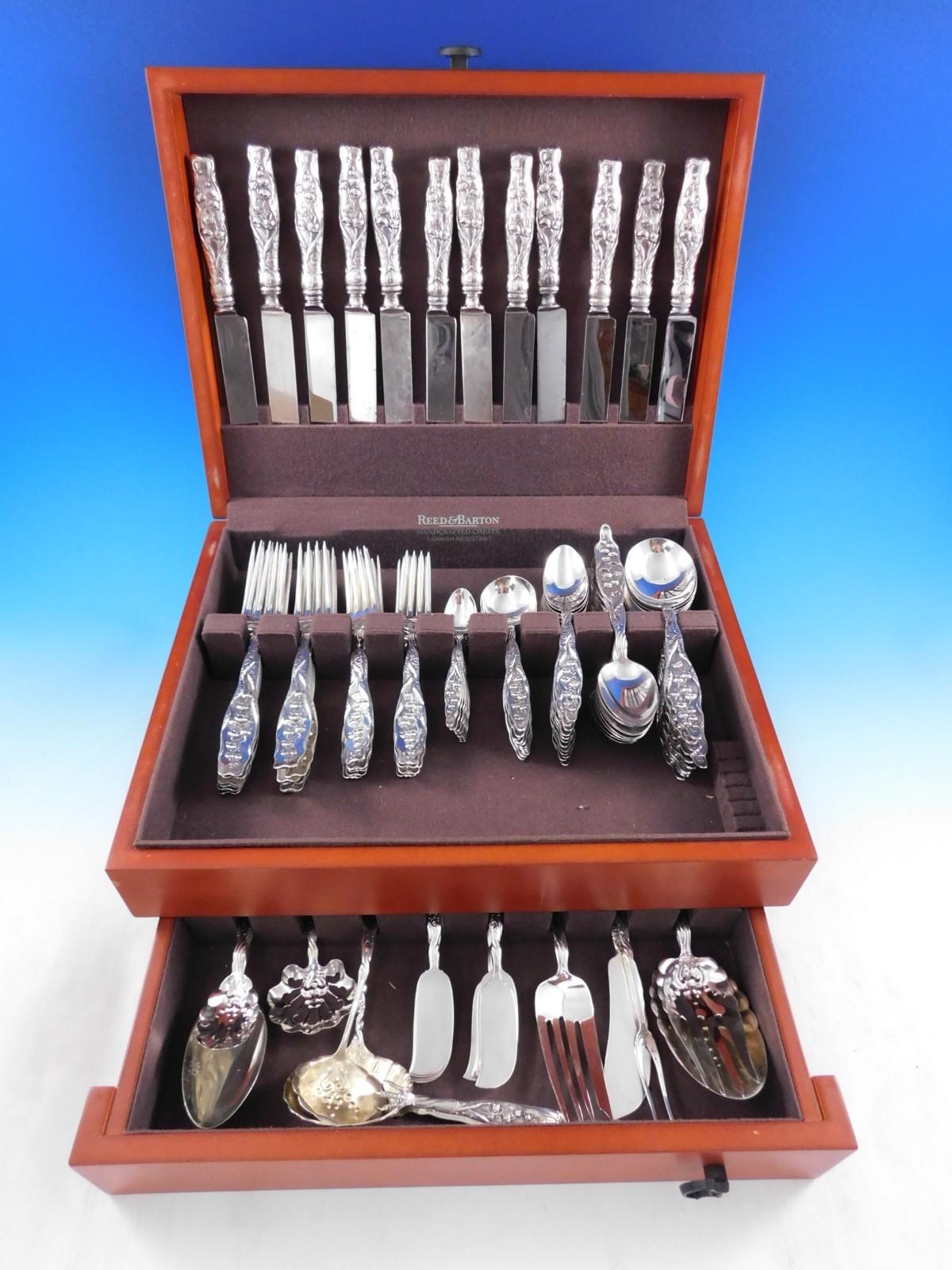 Gorgeous Art Nouveau dinner size Lily of the Valley by Whiting c1885 sterling silver flatware set, 120 pieces. This set includes:

12 Dinner Size Knives with blunt stainless blades, 9 1/2