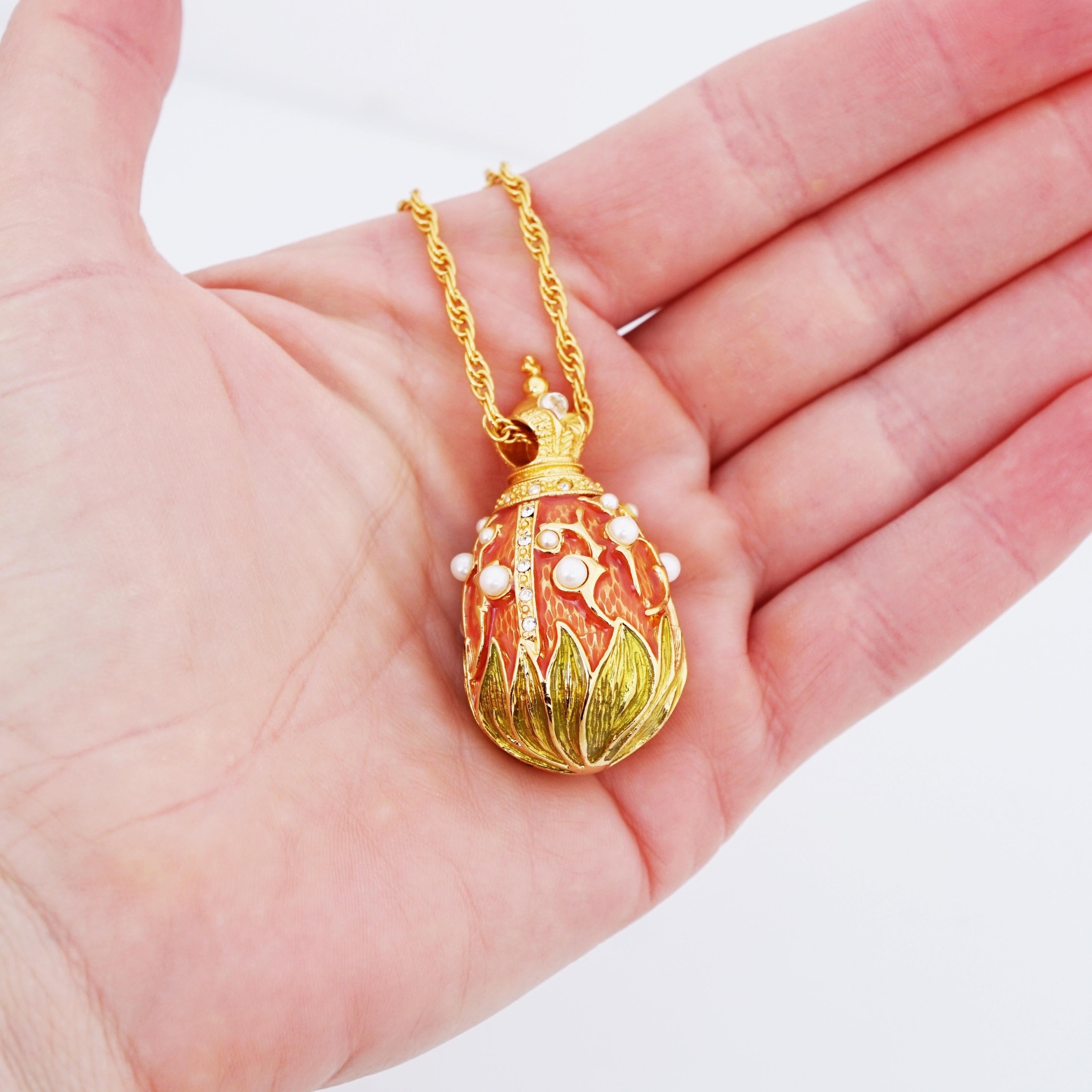 Lily Of The Valley Enamel Egg Pendant Necklace With Pearl Accents By Joan Rivers For Sale 1