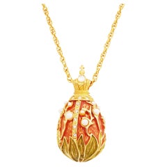 Lily Of The Valley Enamel Egg Pendant Necklace With Pearl Accents By Joan Rivers