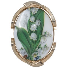 Lily of the Valley Painted Cameo Style Pin Brooch Pendant in Goldtone Frame