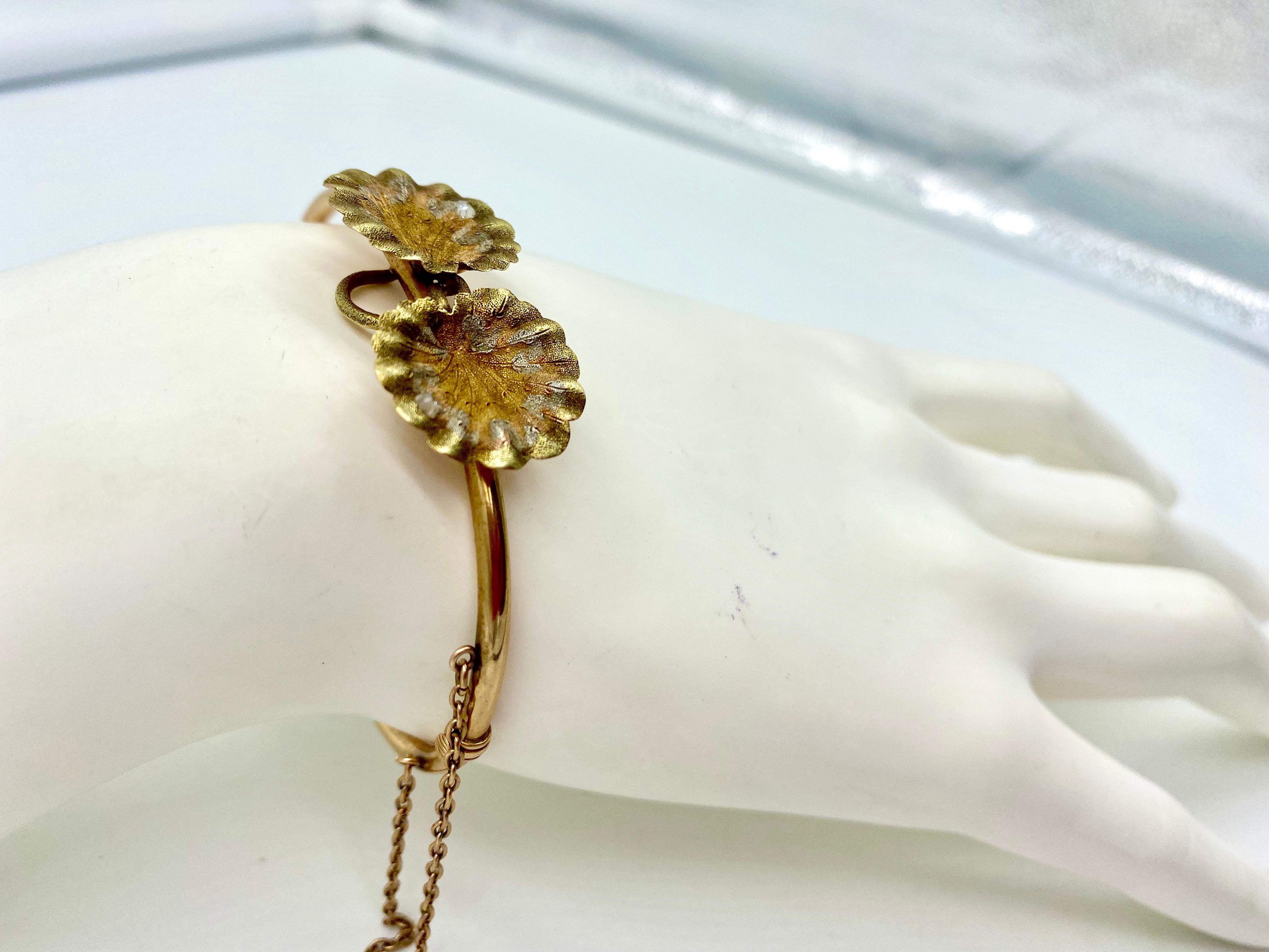 Women's Lily Pad Art Nouveau Rose Cut Diamond Bracelet Multi-Color Gold For Sale