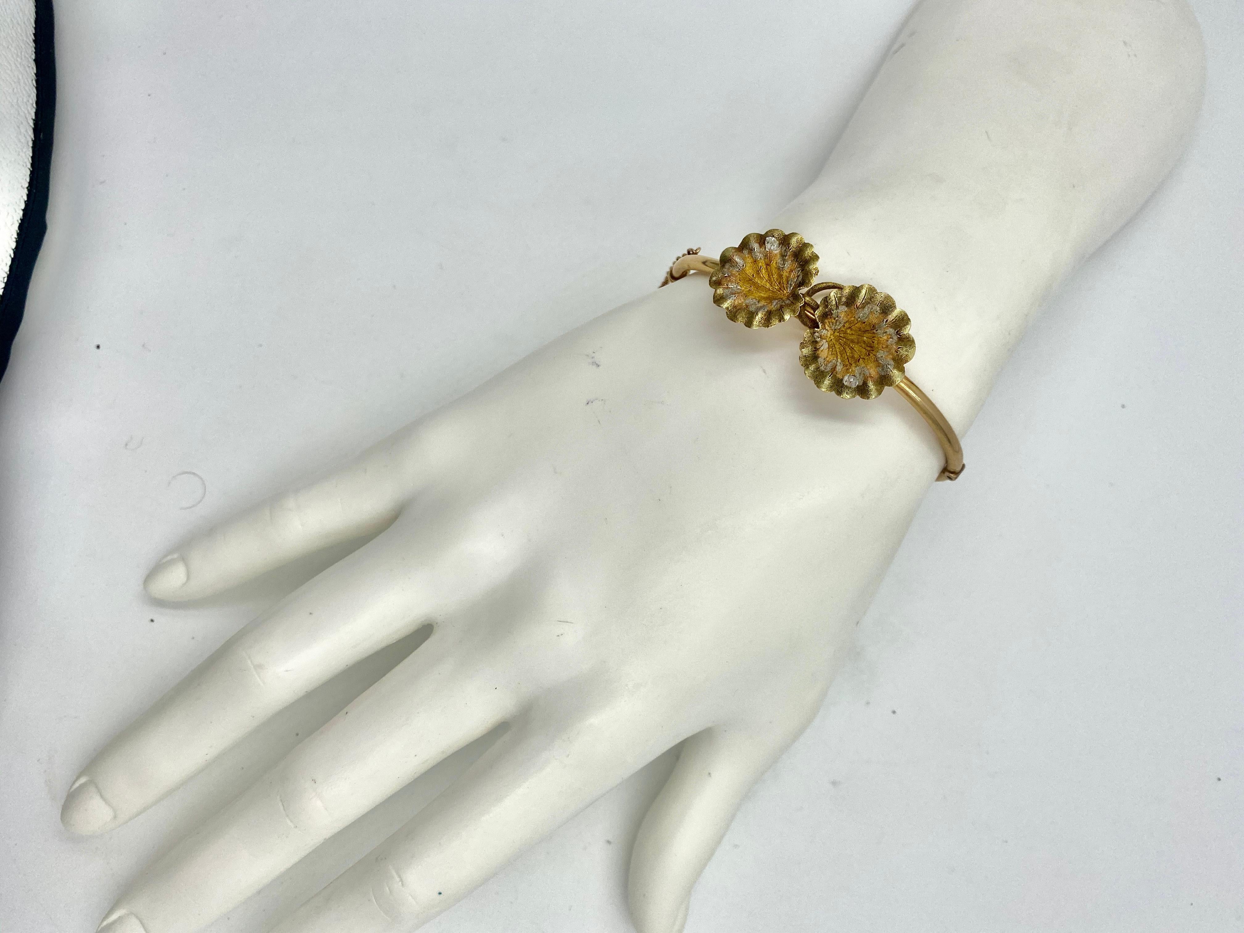 Lily Pad Art Nouveau Rose Cut Diamond Bracelet Multi-Color Gold For Sale 1