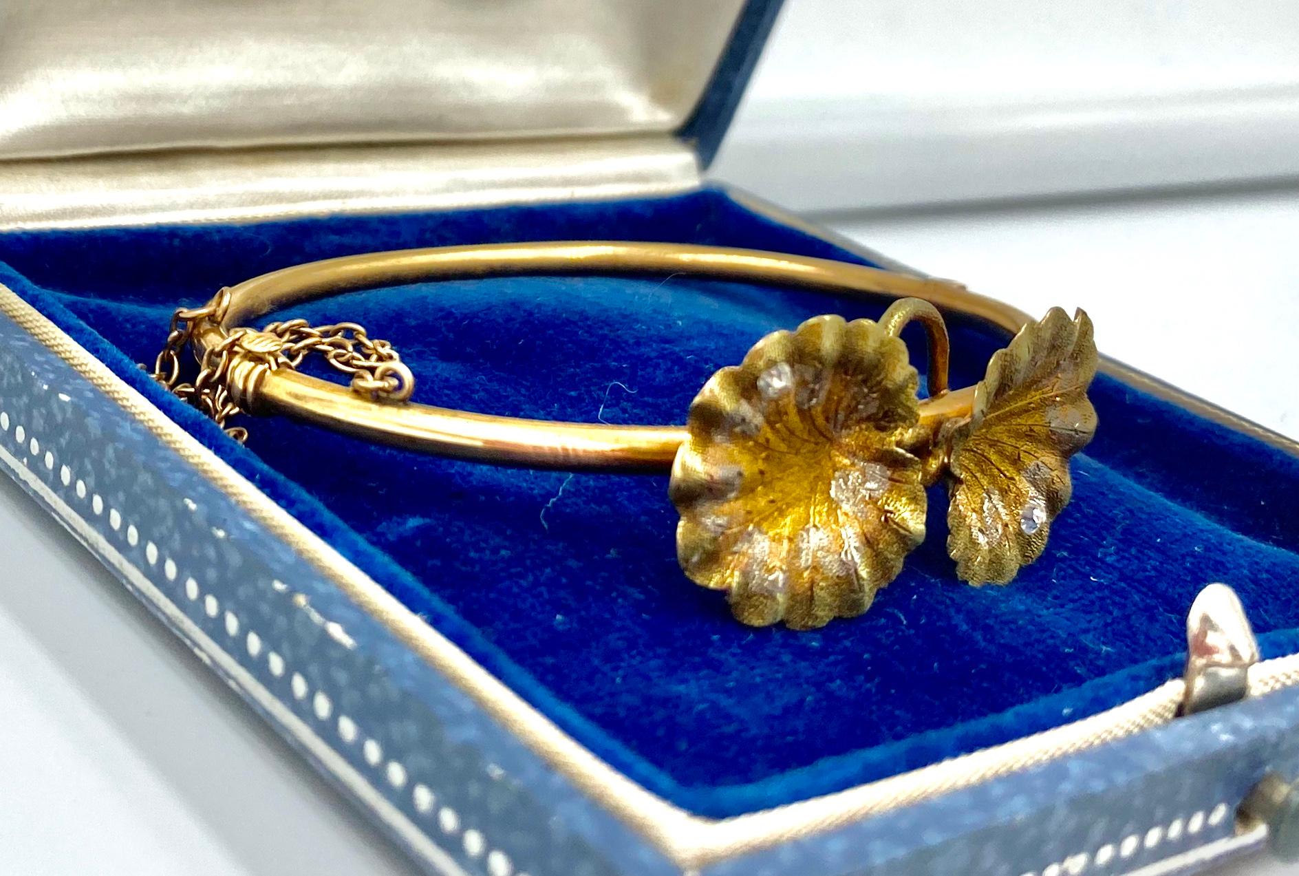 Lily Pad Art Nouveau Rose Cut Diamond Bracelet Multi-Color Gold For Sale 2