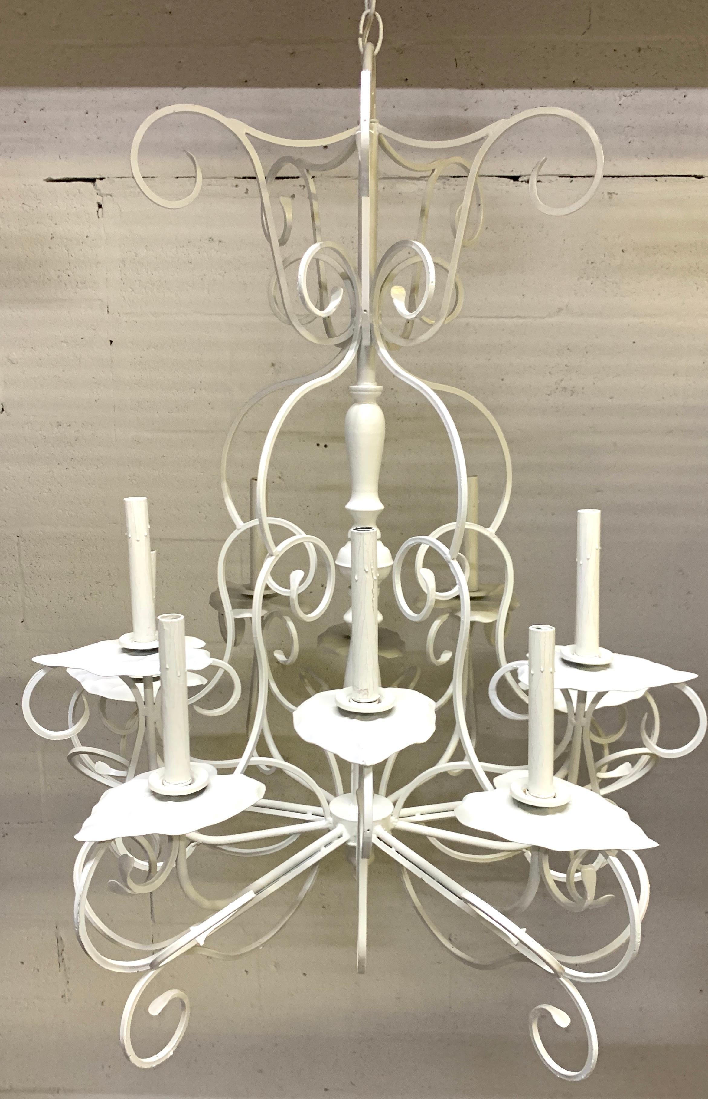 Lily Pad chandelier, in the style of Salterni, wrought iron fitted with two tiers of ten lily pad lights, can be used indoors or outdoors.